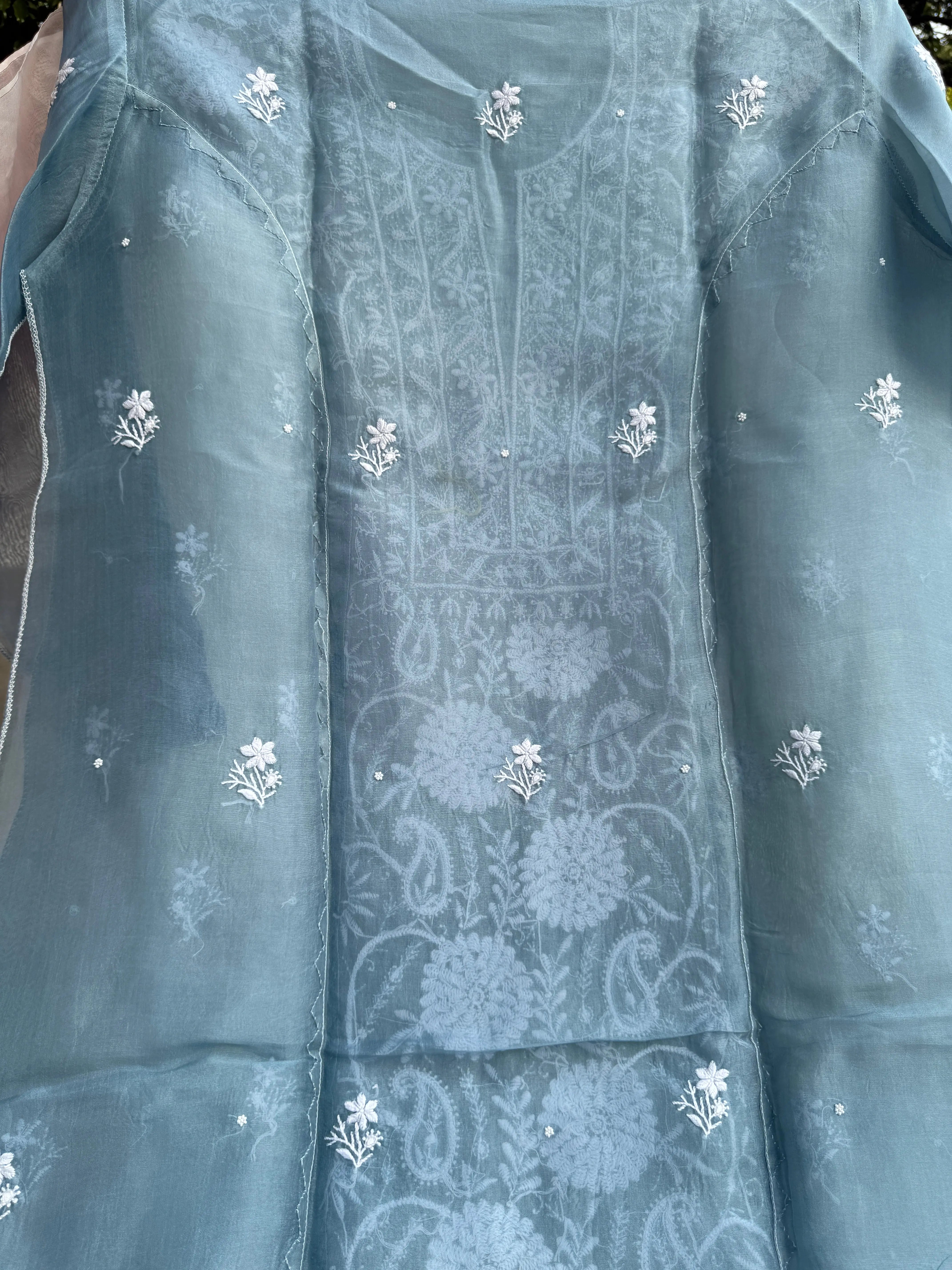 Organza Chikankari Length with Dupatta (Pearl Work) - Blue Grey ARIAA CHIKANKARI