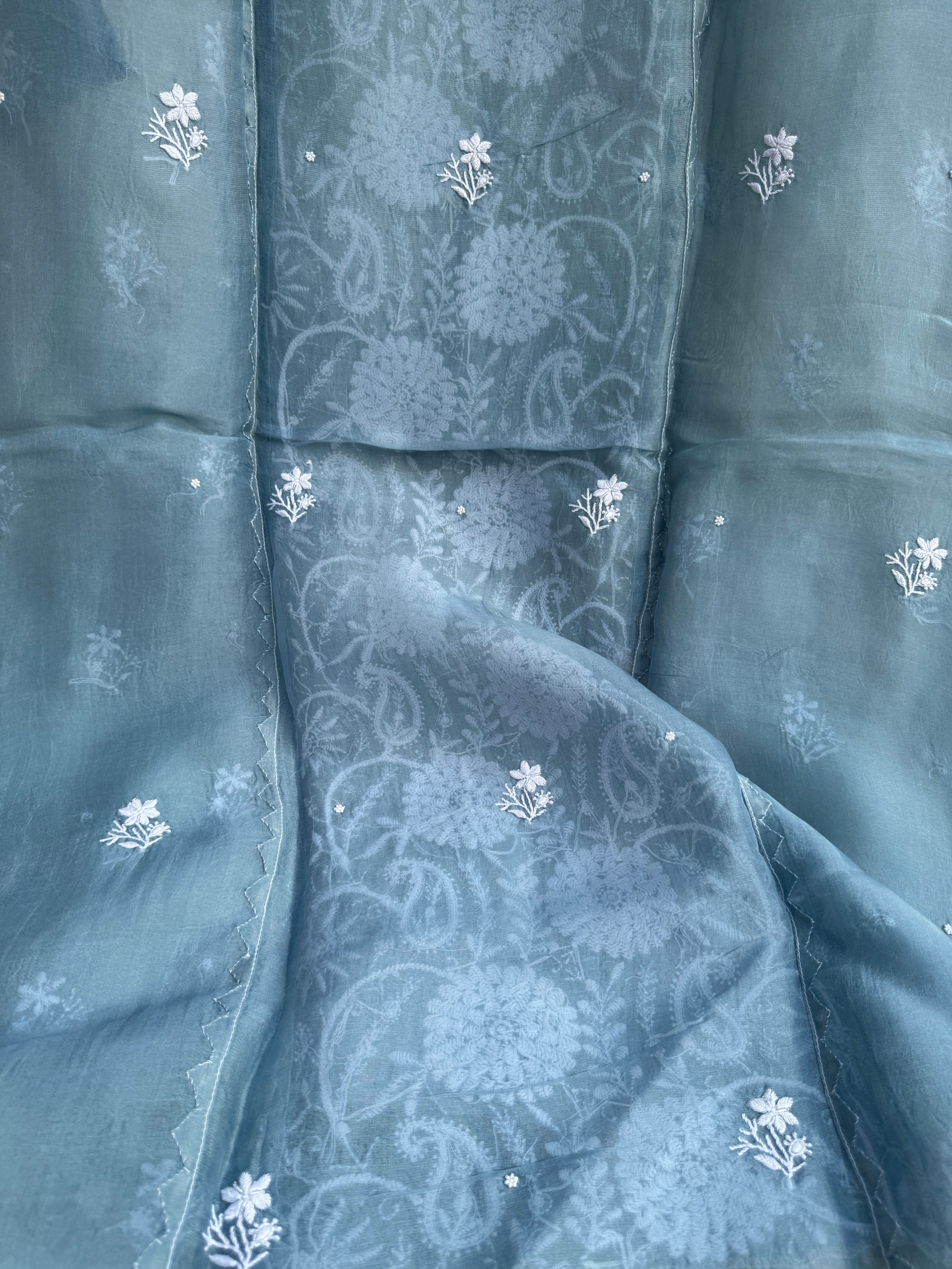 Organza Chikankari Length with Dupatta (Pearl Work) - Blue Grey