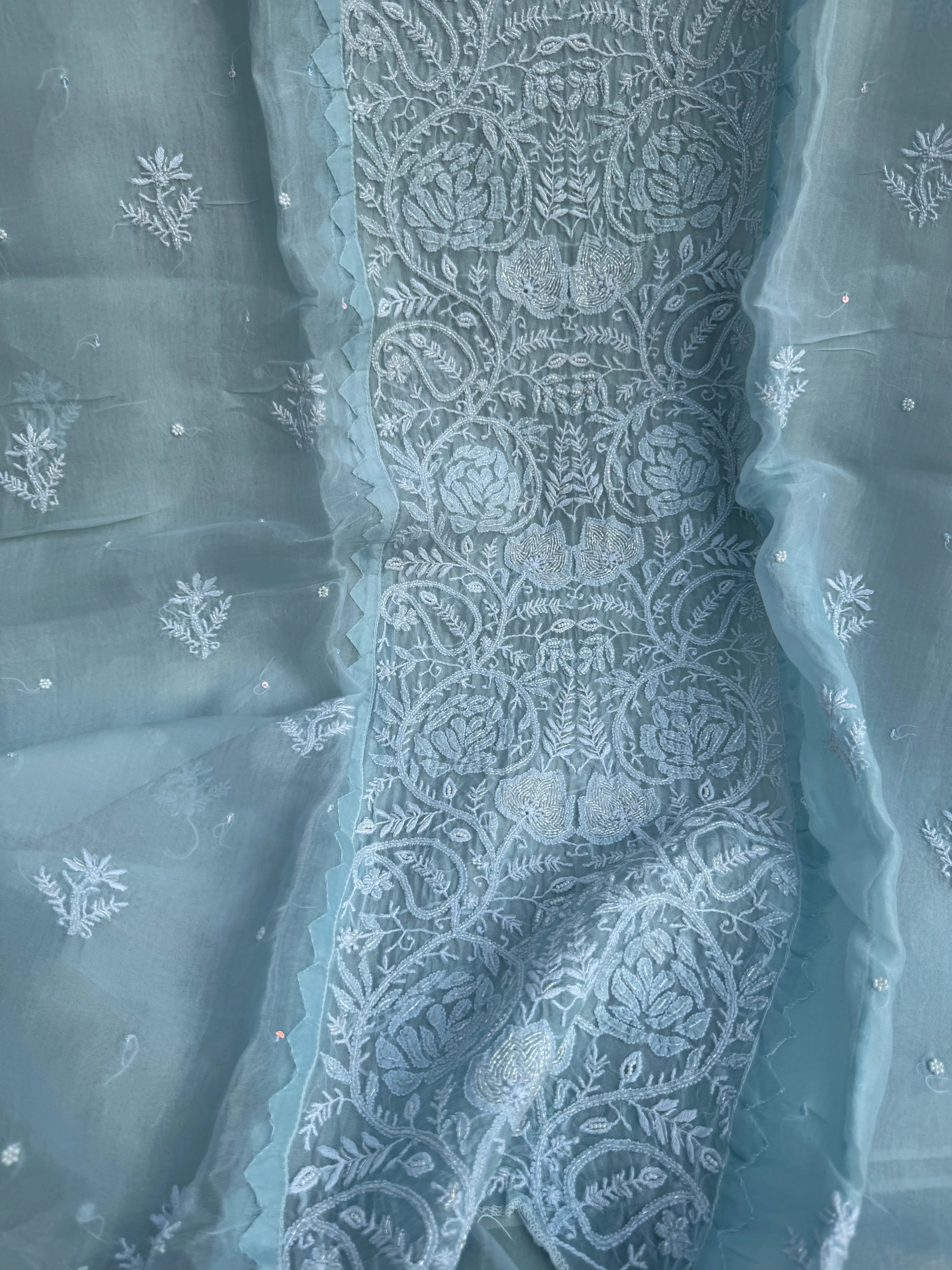 Organza Chikankari Length with Dupatta (Pearl Work) - Baby Blue ARIAA CHIKANKARI