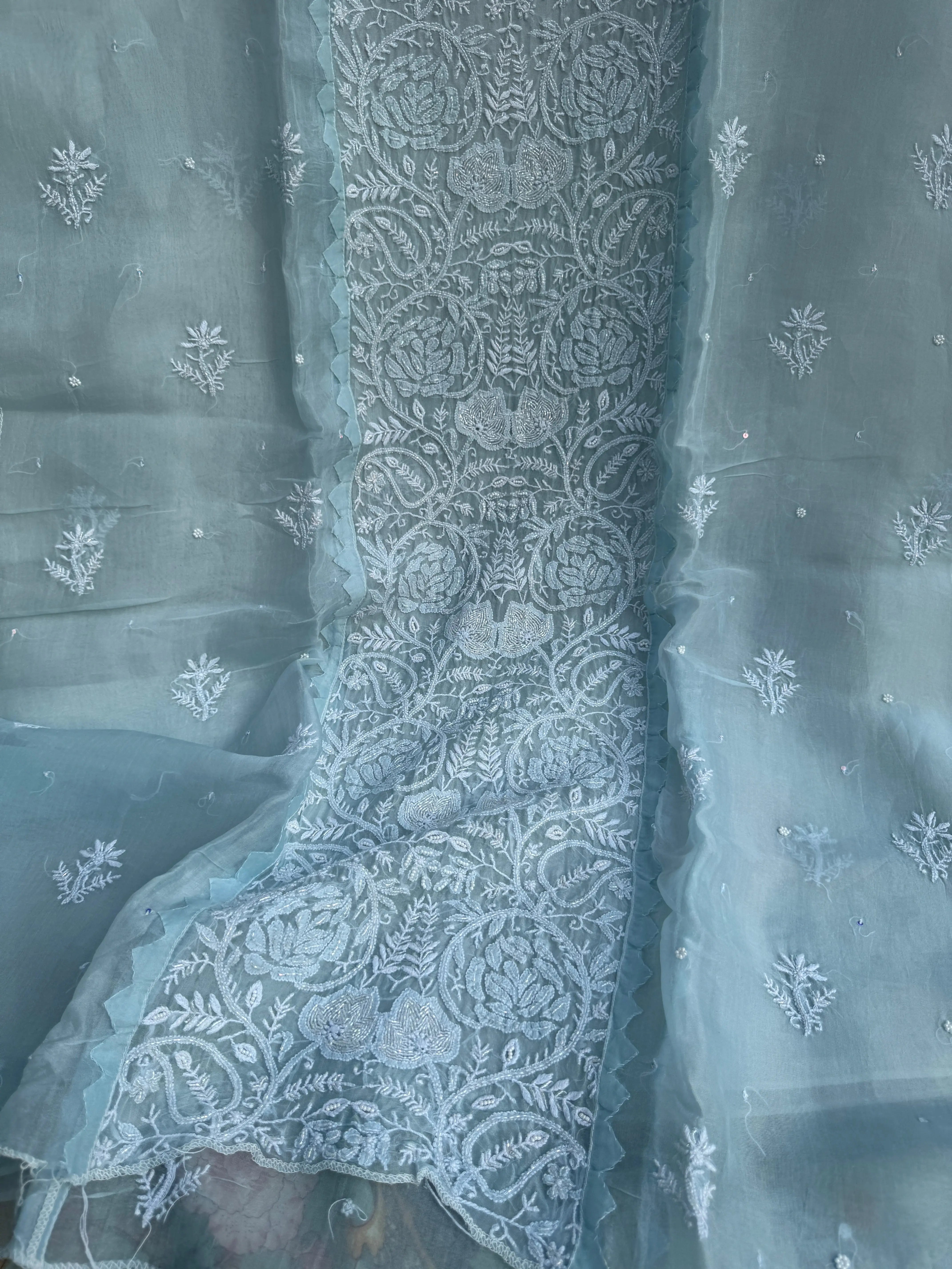 Organza Chikankari Length with Dupatta (Pearl Work) - Baby Blue ARIAA CHIKANKARI