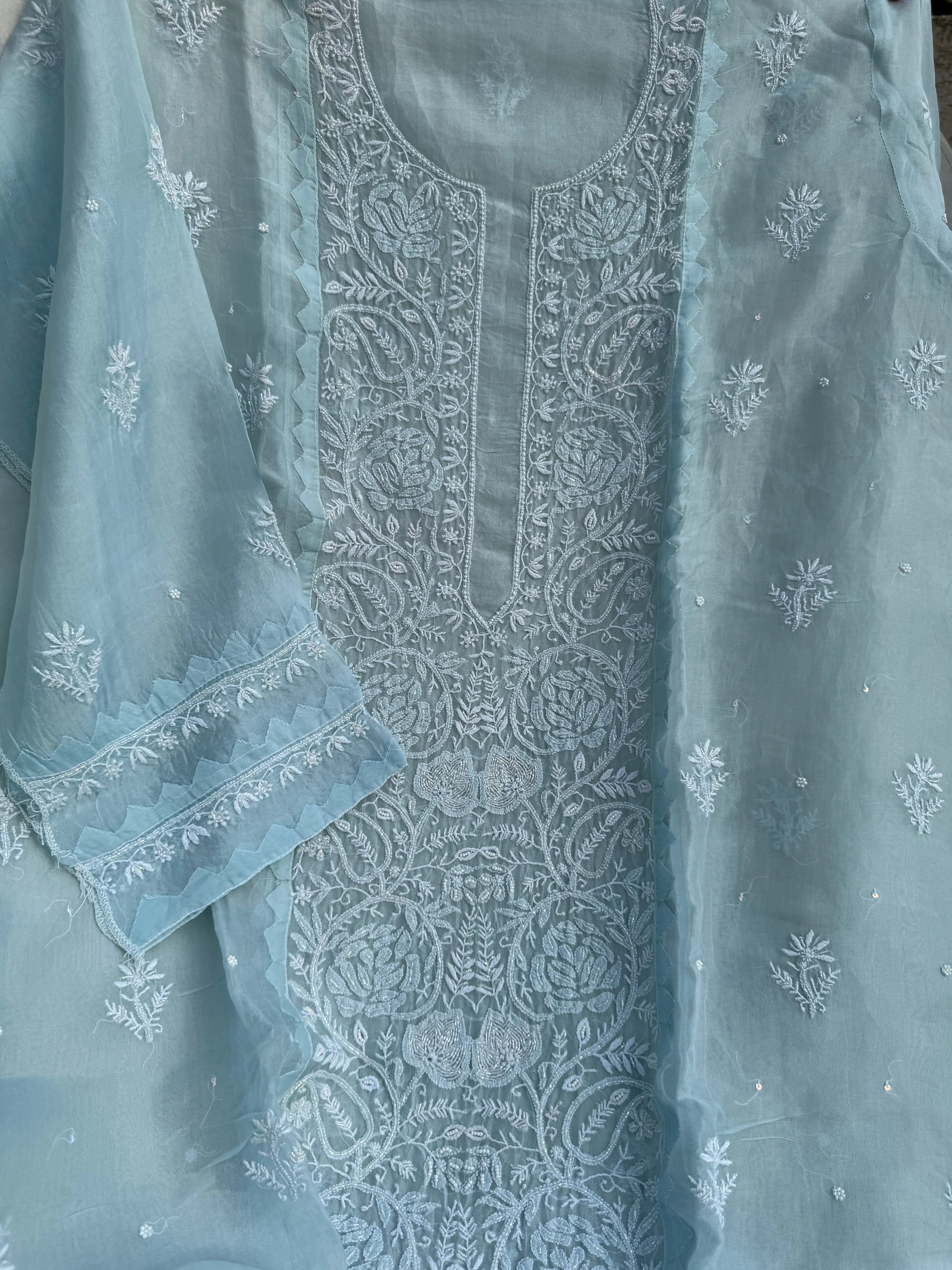 Organza Chikankari Length with Dupatta (Pearl Work) - Baby Blue ARIAA CHIKANKARI