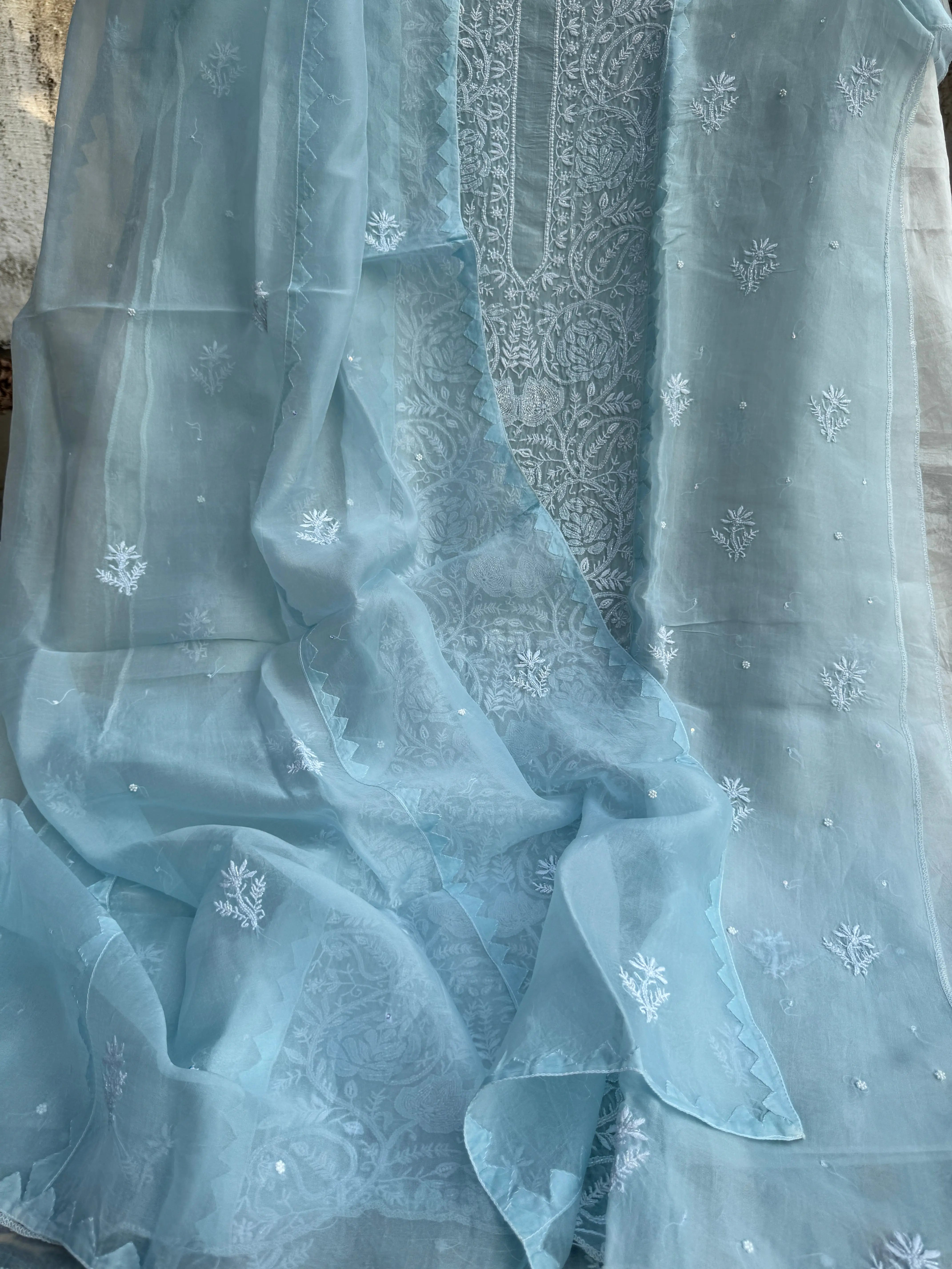 Organza Chikankari Length with Dupatta (Pearl Work) - Baby Blue ARIAA CHIKANKARI