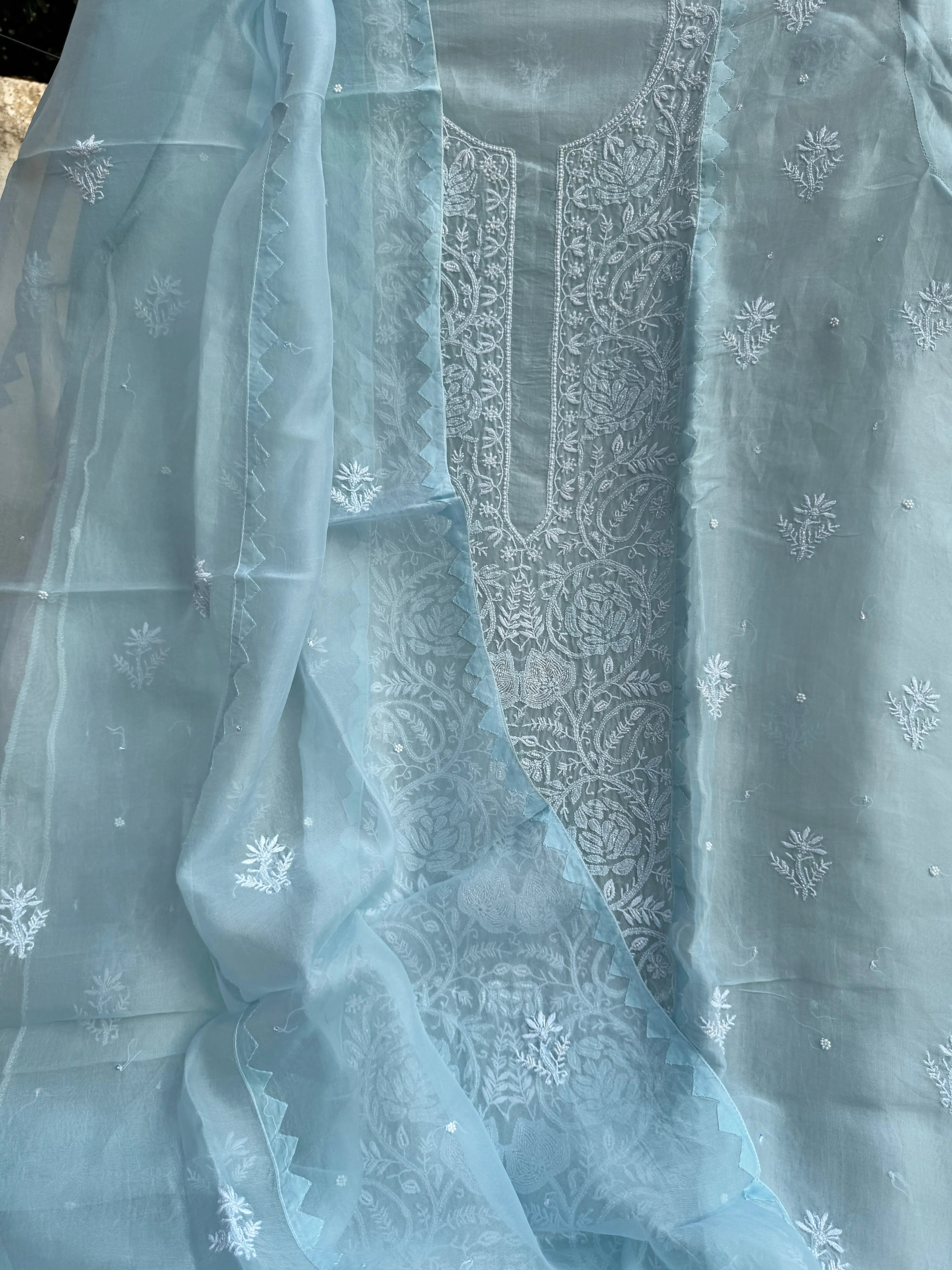 Organza Chikankari Length with Dupatta (Pearl Work) - Baby Blue ARIAA CHIKANKARI