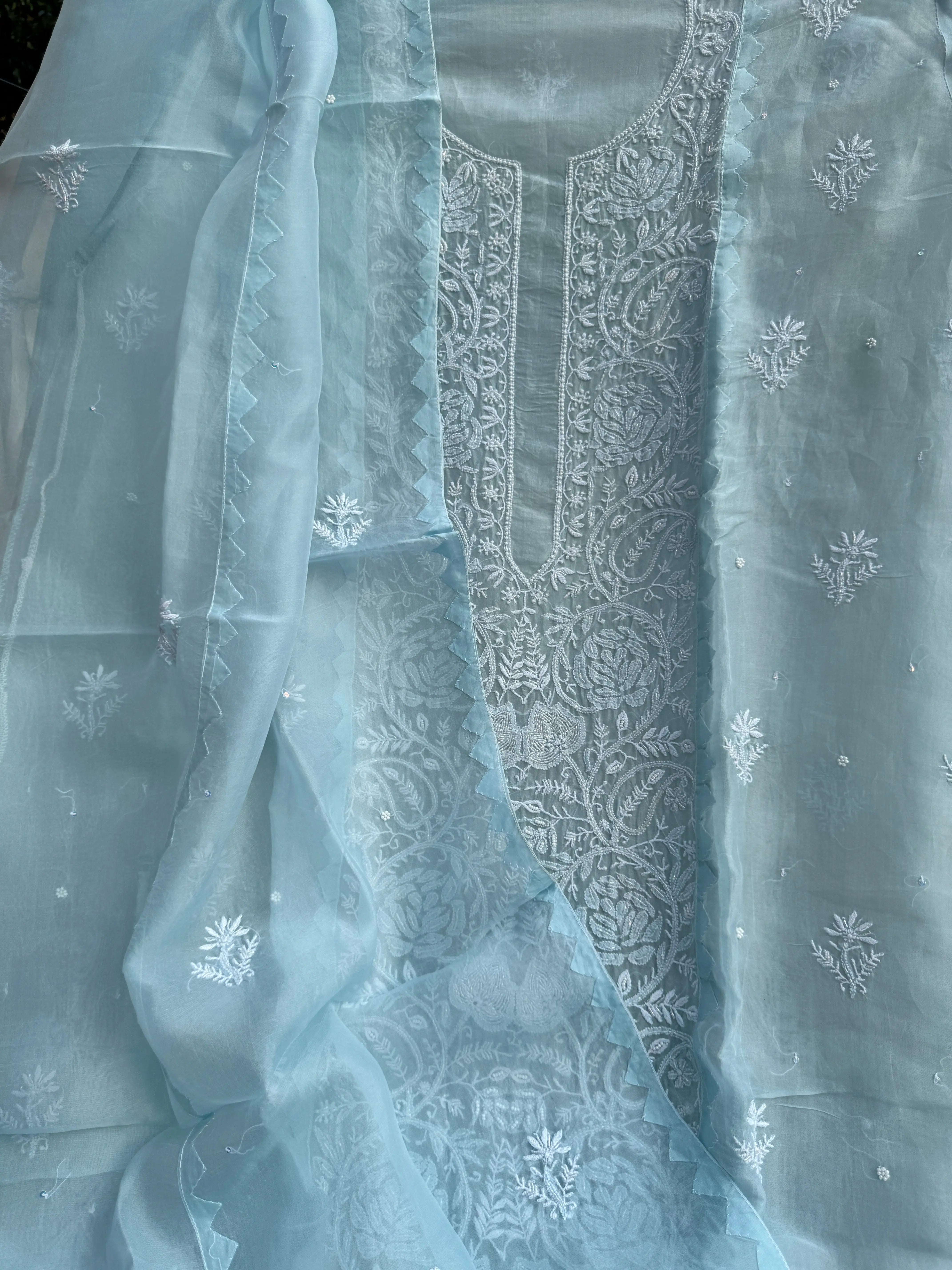 Organza Chikankari Length with Dupatta (Pearl Work) - Baby Blue ARIAA CHIKANKARI