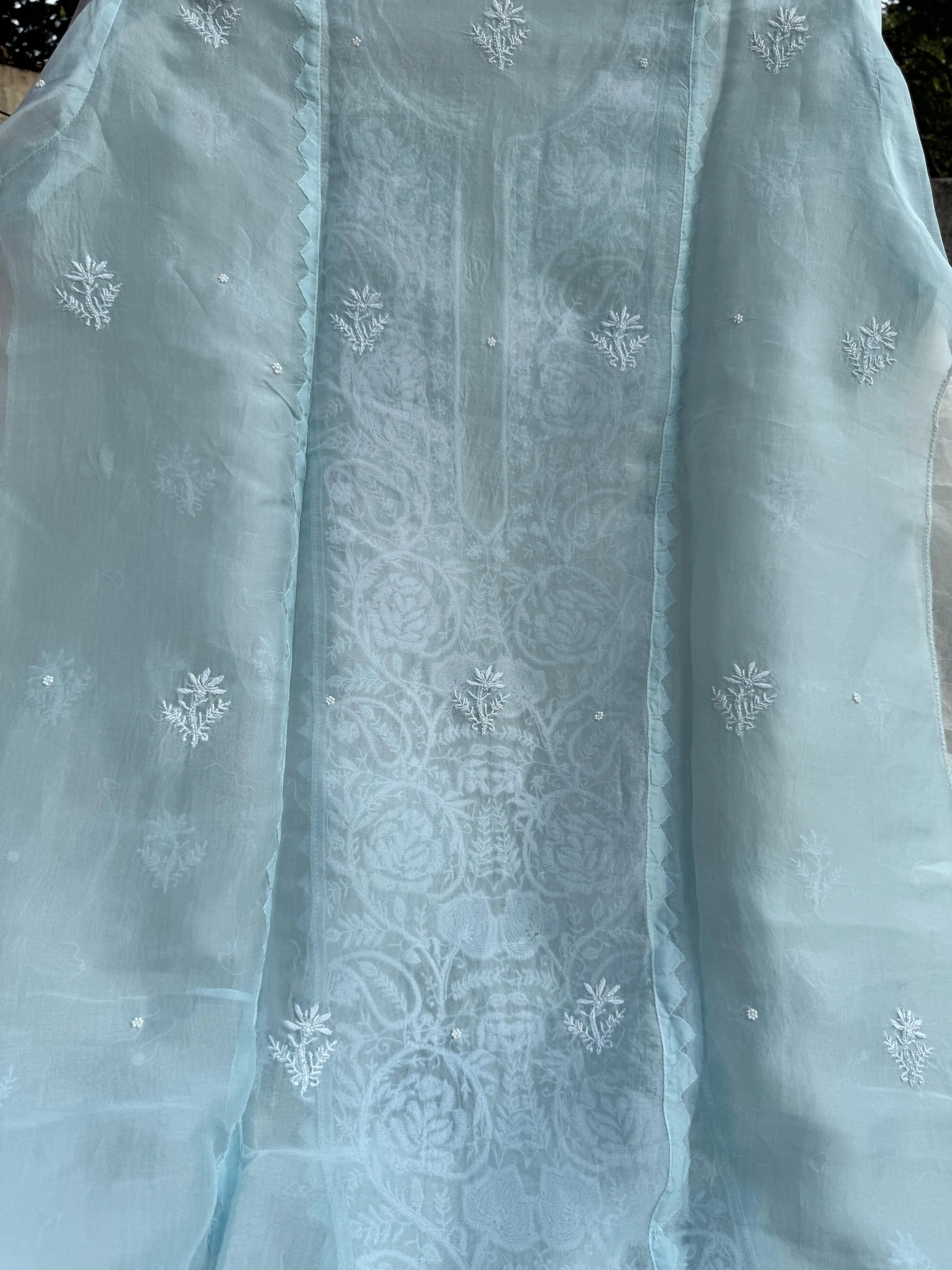 Organza Chikankari Length with Dupatta (Pearl Work) - Baby Blue ARIAA CHIKANKARI