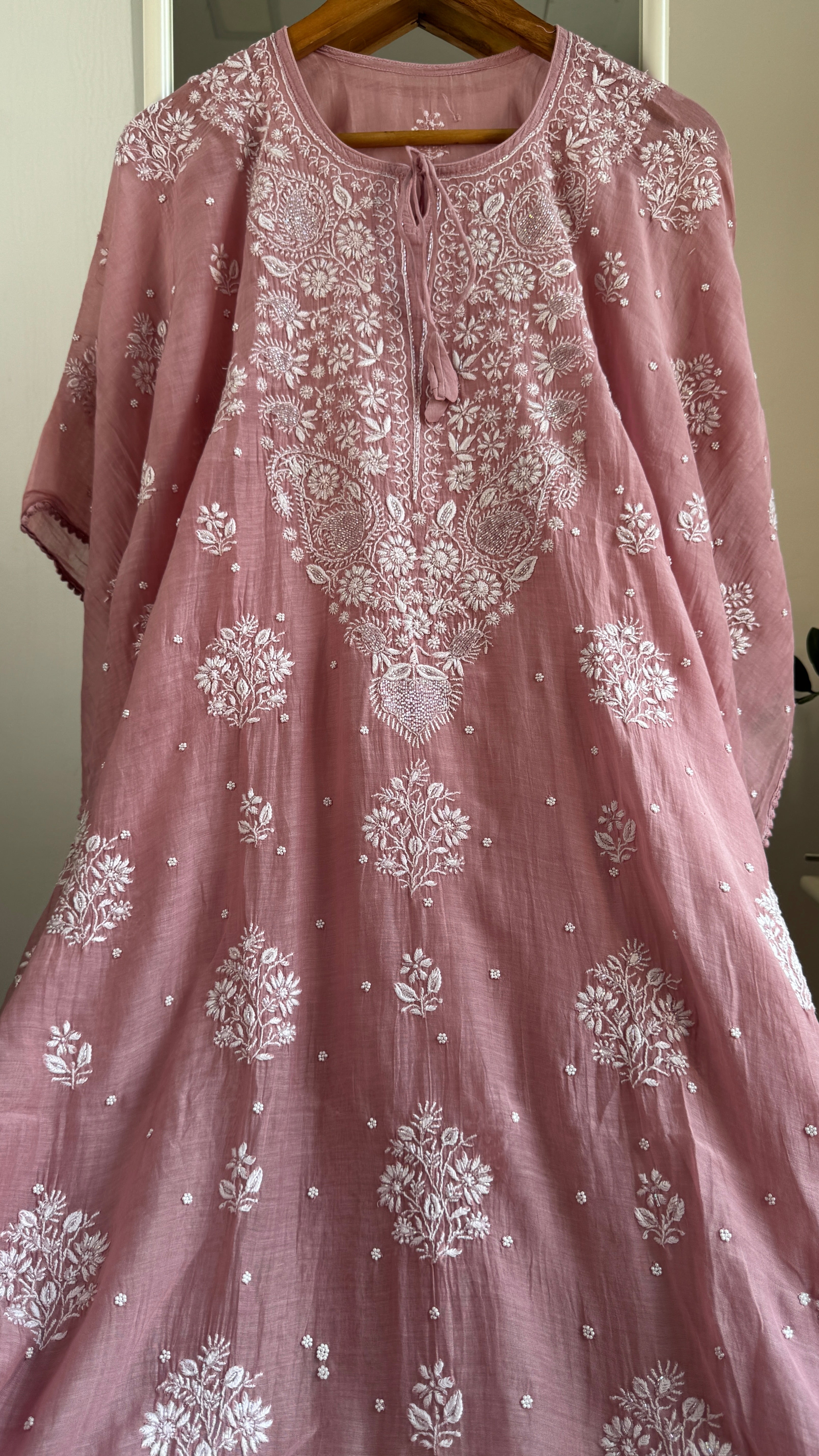 Mul Chanderi Chikankari Kaftan - Rosewood