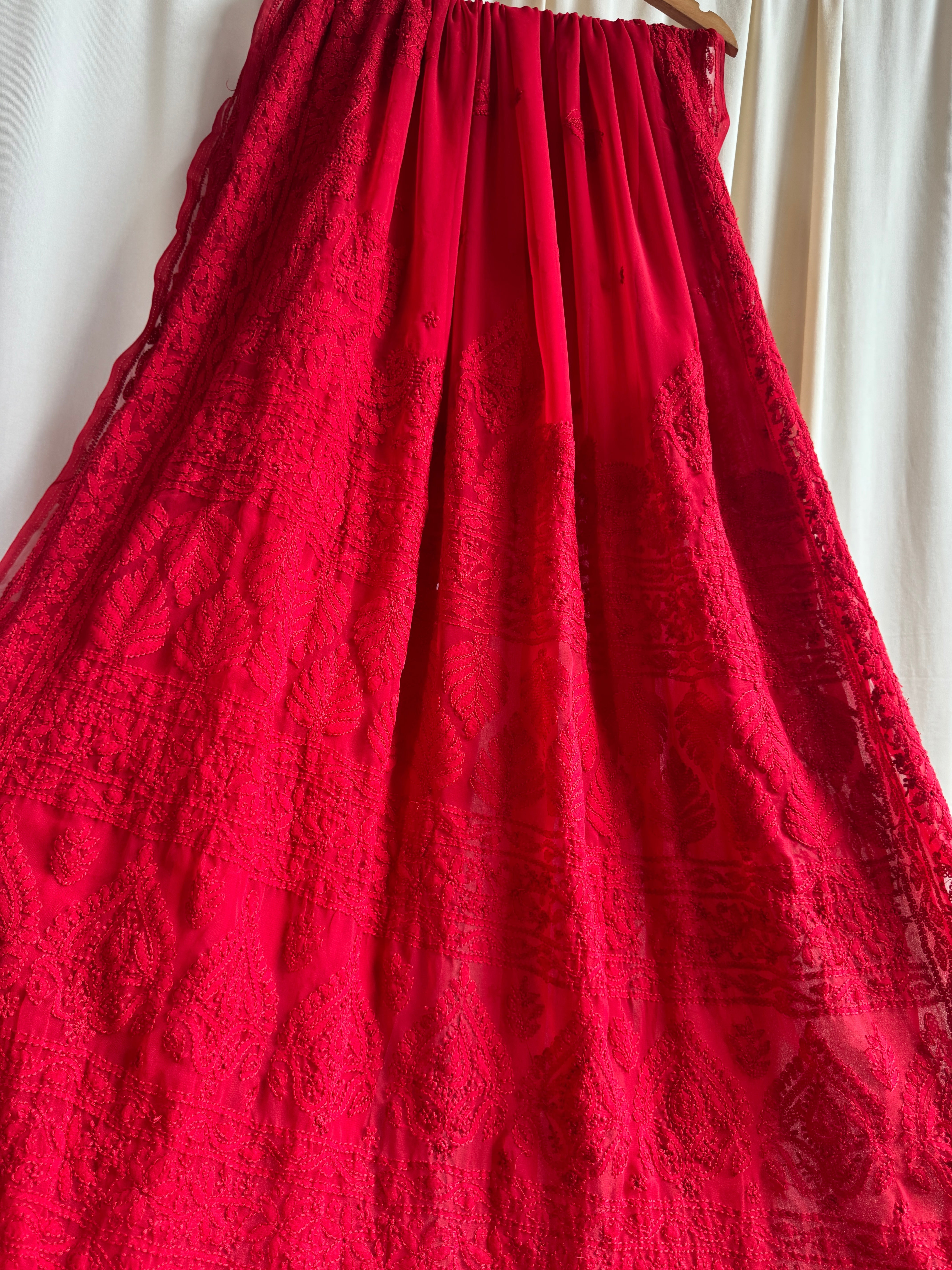 Georgette Chikankari saree in Red ARIAA CHIKANKARI