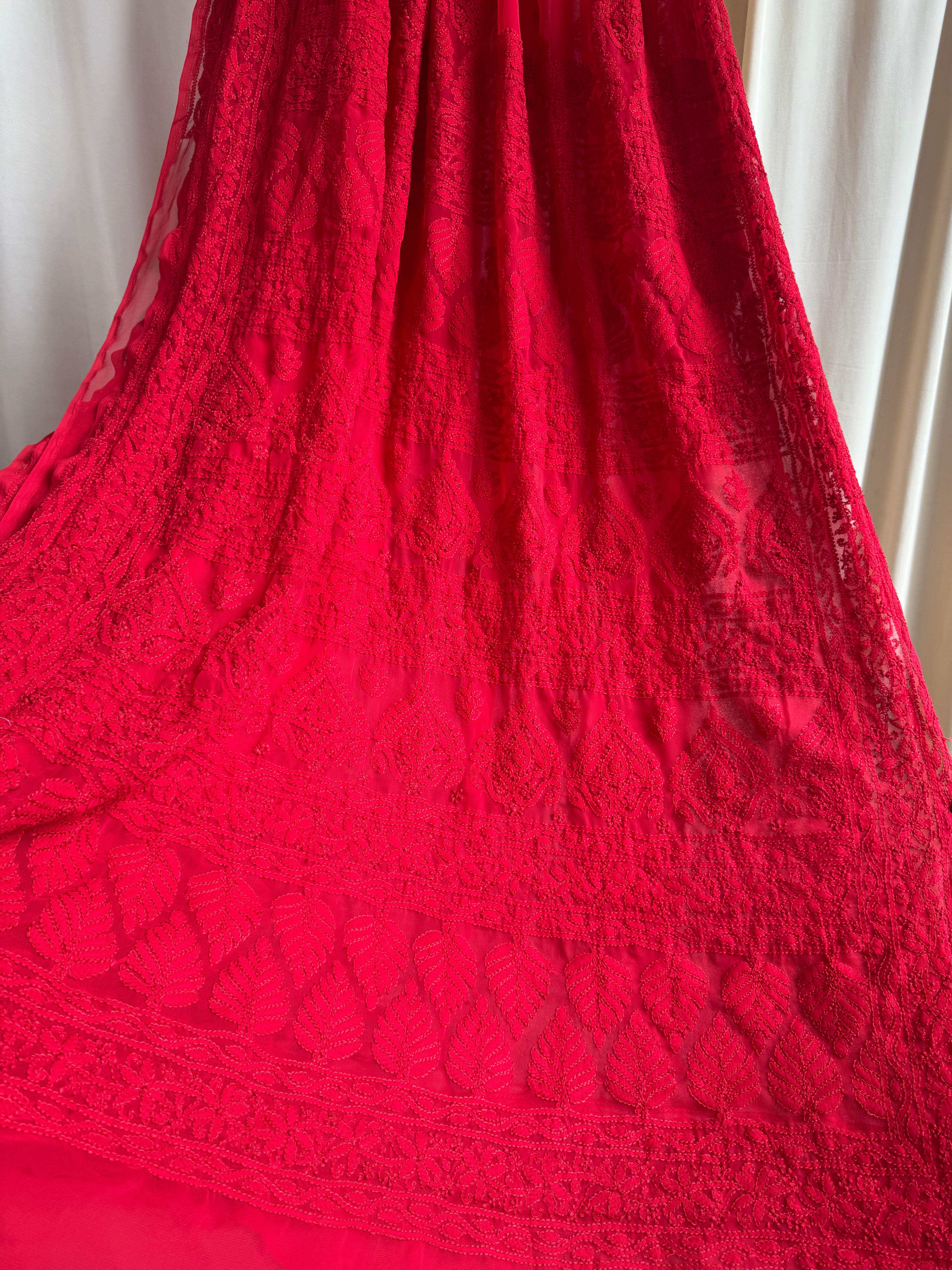 Georgette Chikankari saree in Red ARIAA CHIKANKARI
