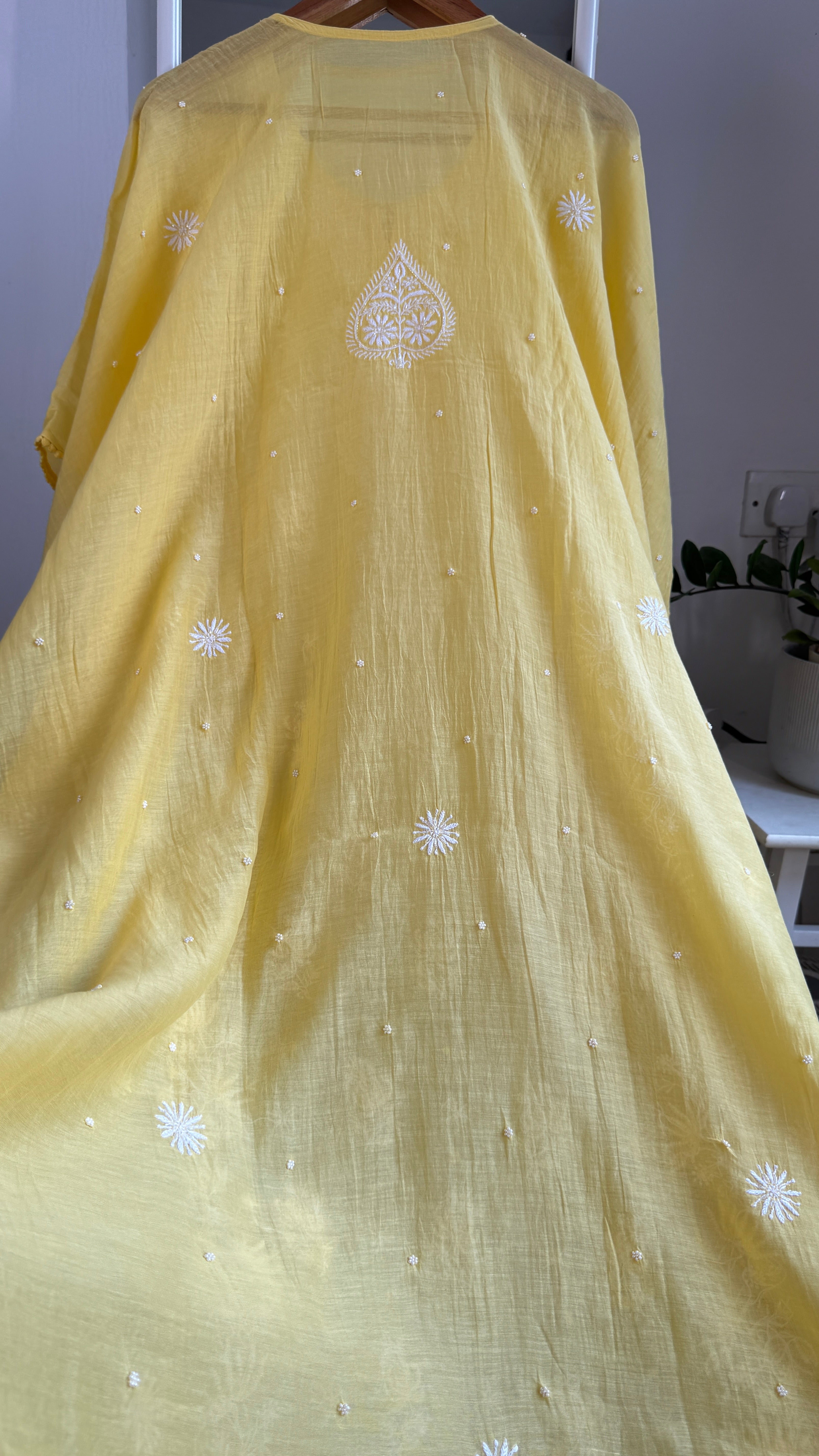 Mul Chanderi Chikankari Kaftan - Yellow
