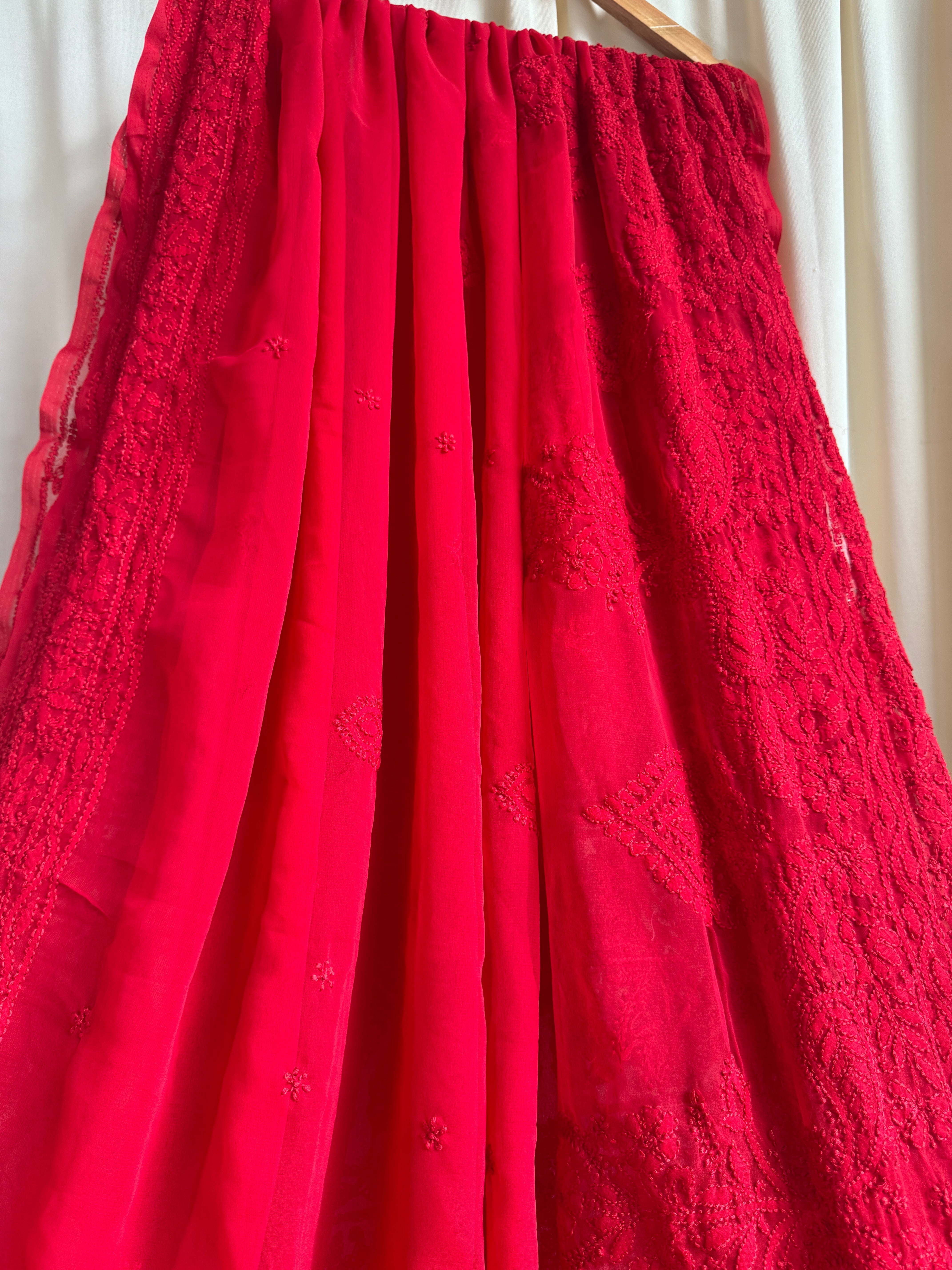 Georgette Chikankari saree in Red ARIAA CHIKANKARI