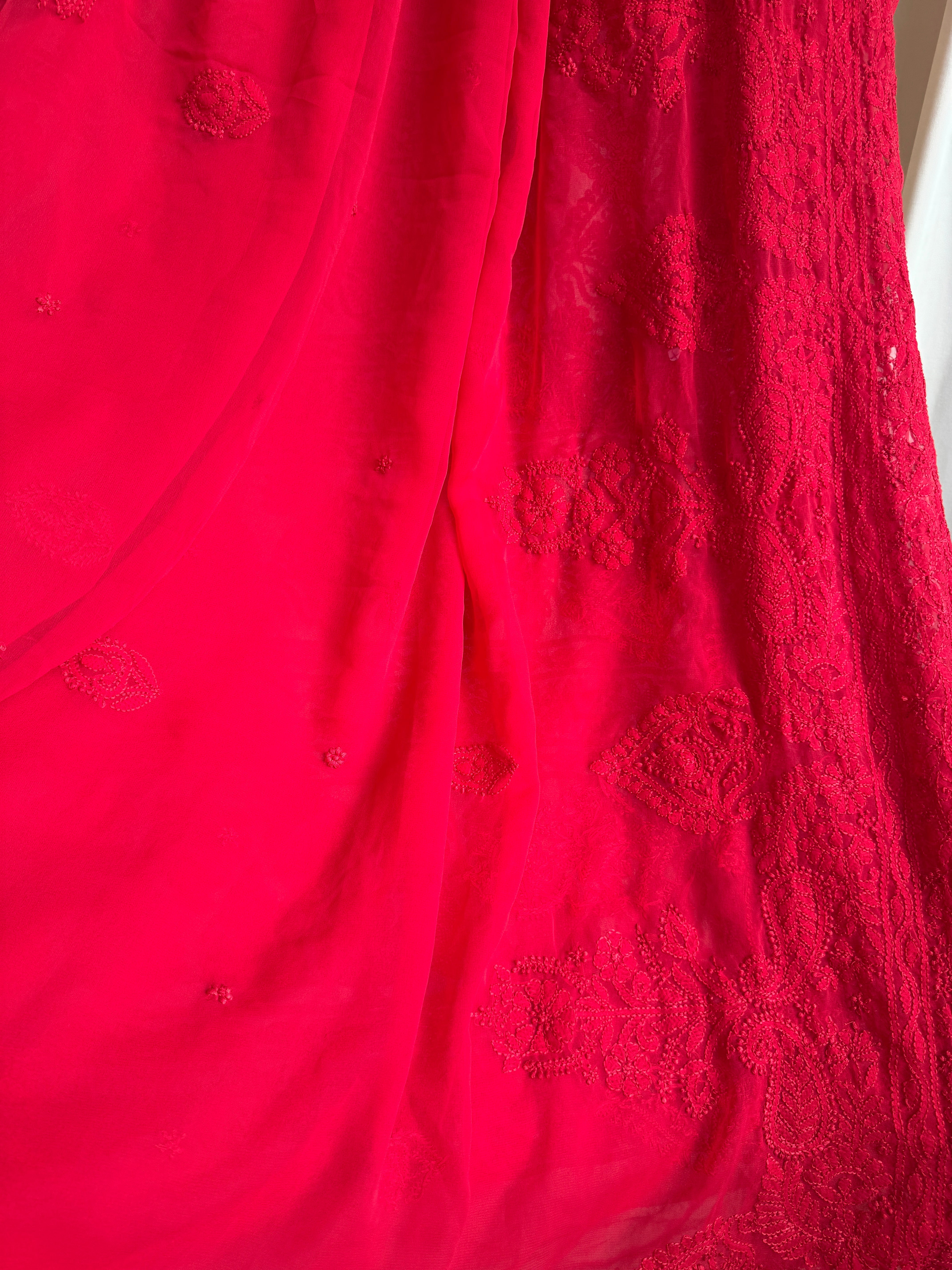 Georgette Chikankari saree in Red ARIAA CHIKANKARI