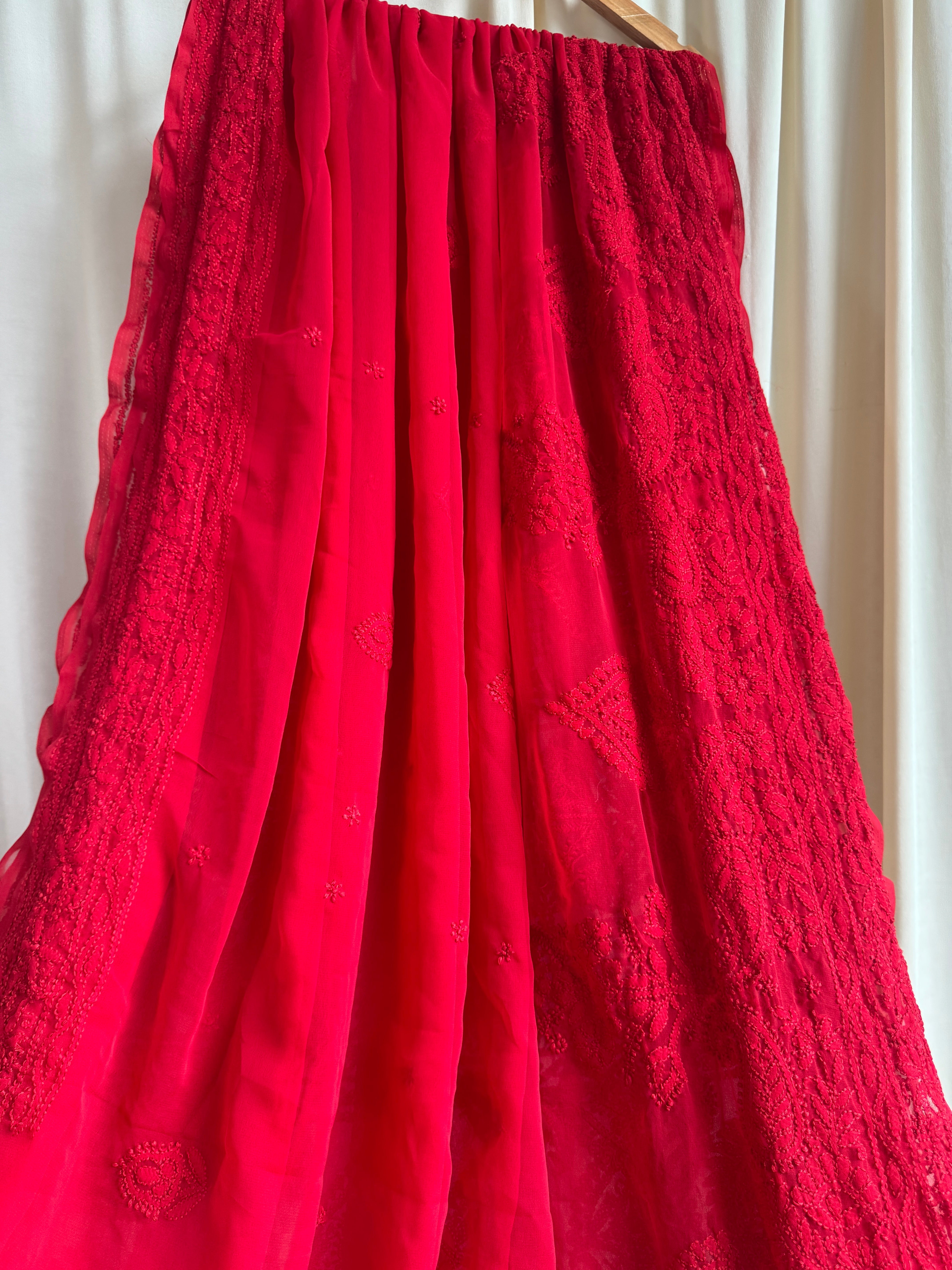 Georgette Chikankari saree in Red ARIAA CHIKANKARI