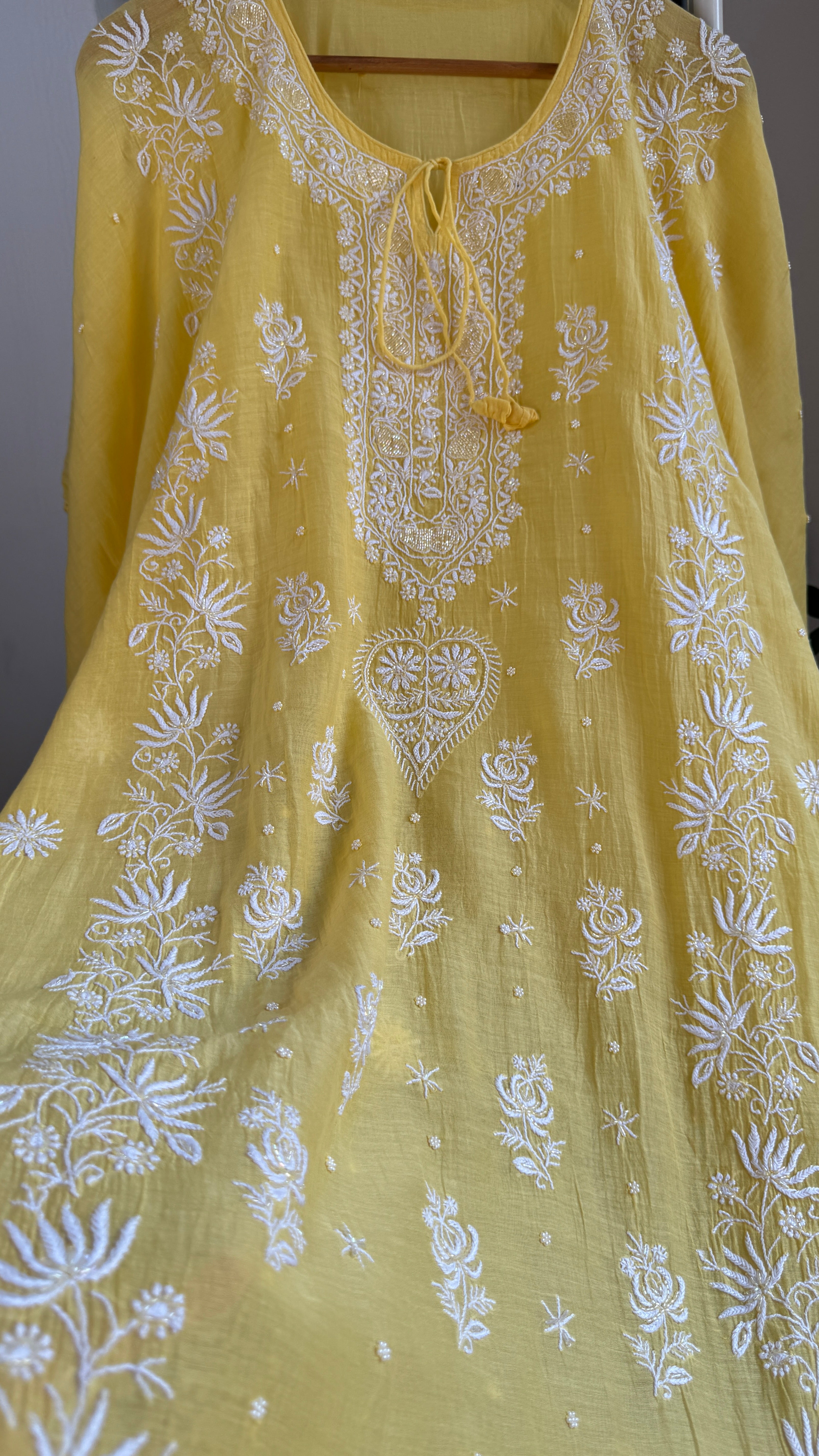 Mul Chanderi Chikankari Kaftan - Yellow