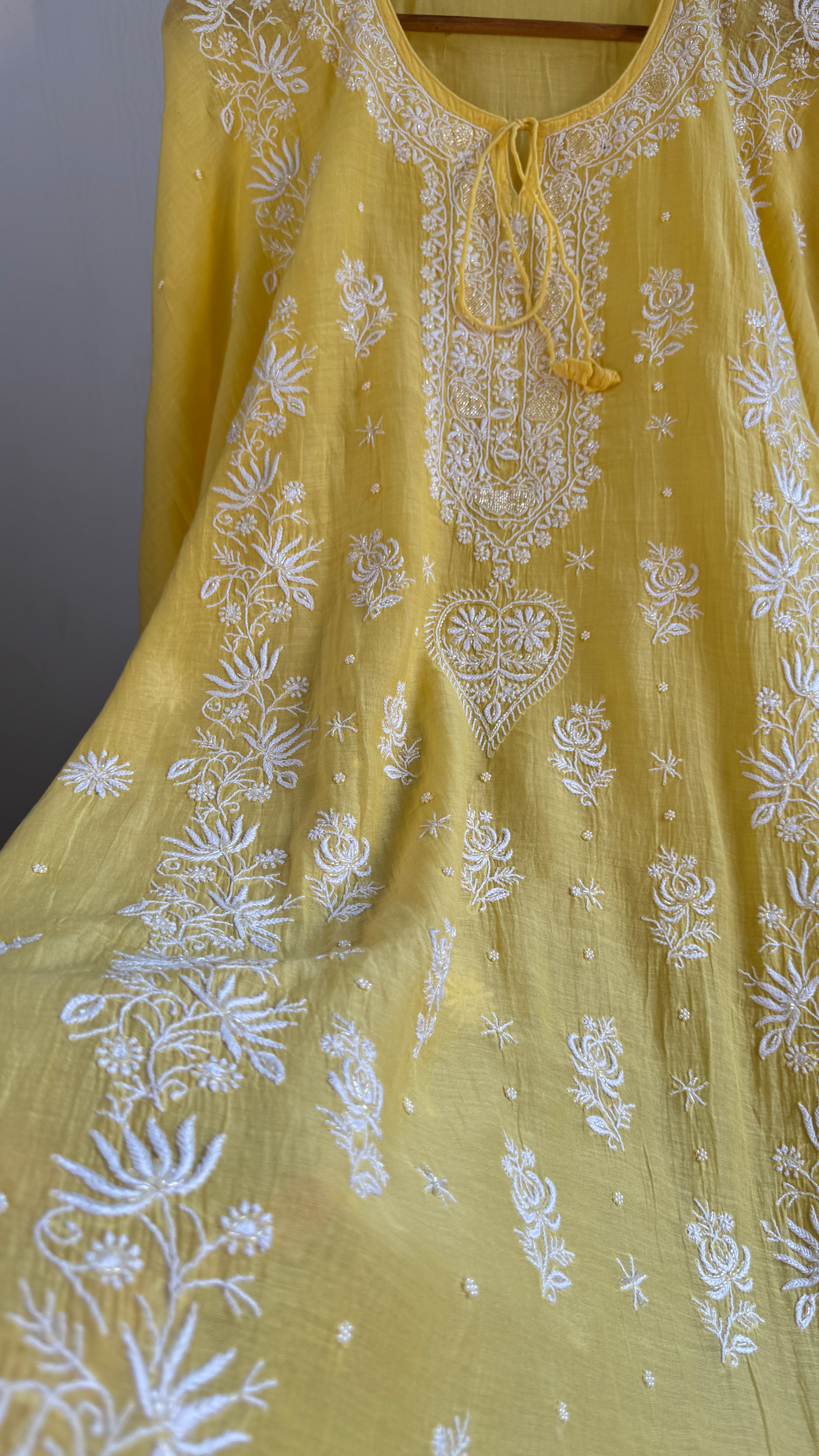 Mul Chanderi Chikankari Kaftan - Yellow