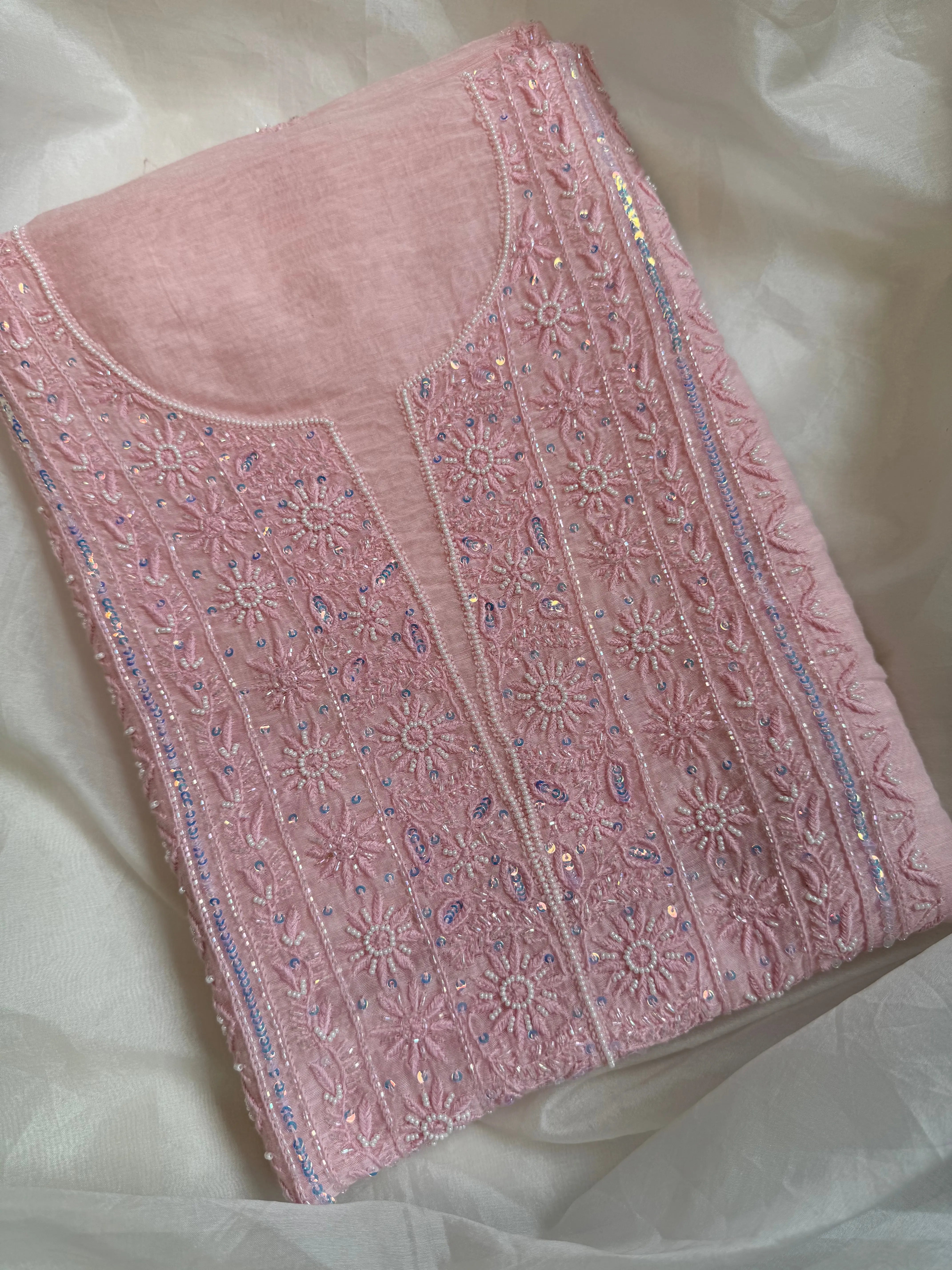 Mul Chanderi Semi stitched Straight - Baby Pink ARIAA CHIKANKARI