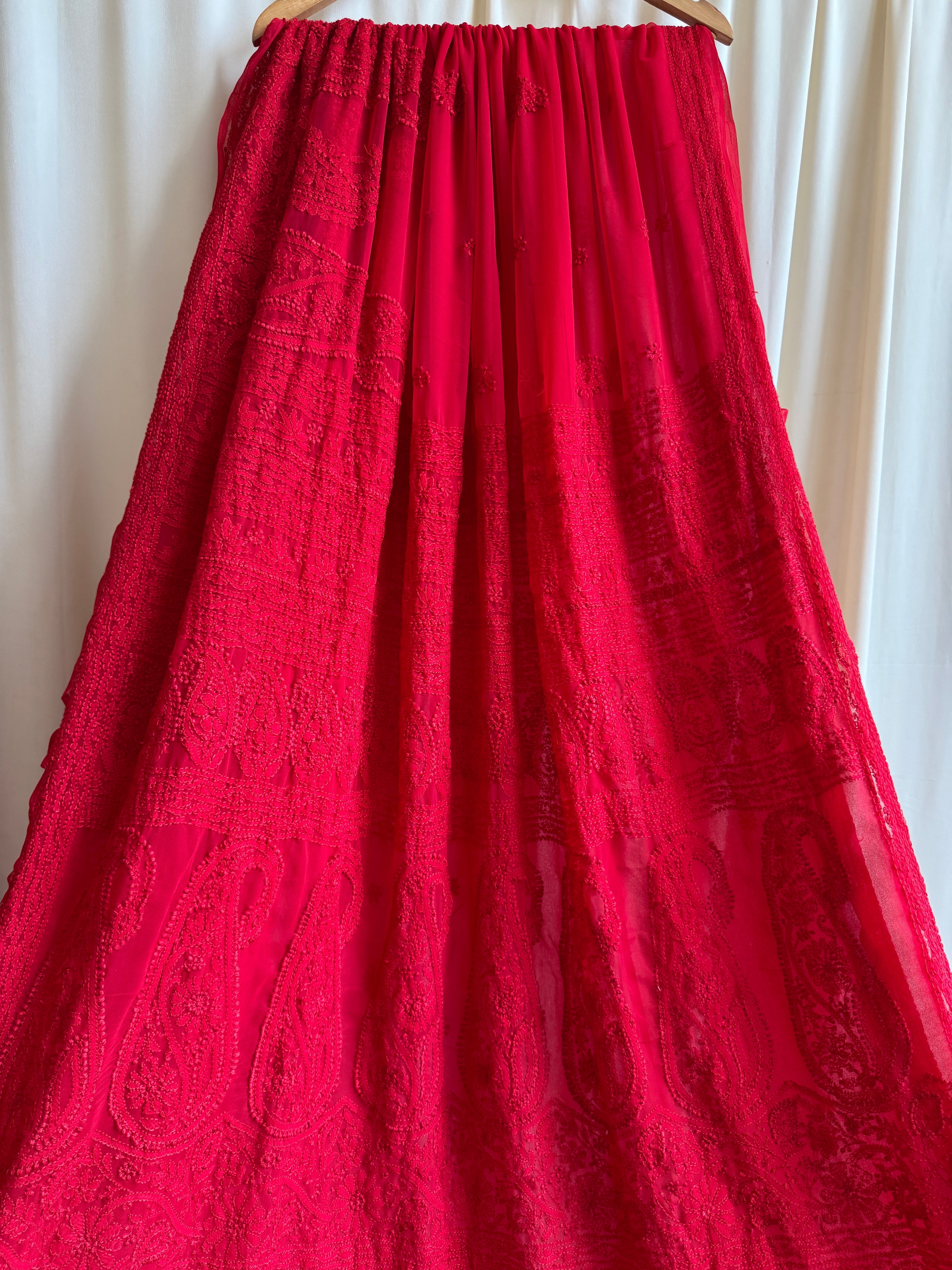 Georgette Chikankari saree in Red ARIAA CHIKANKARI