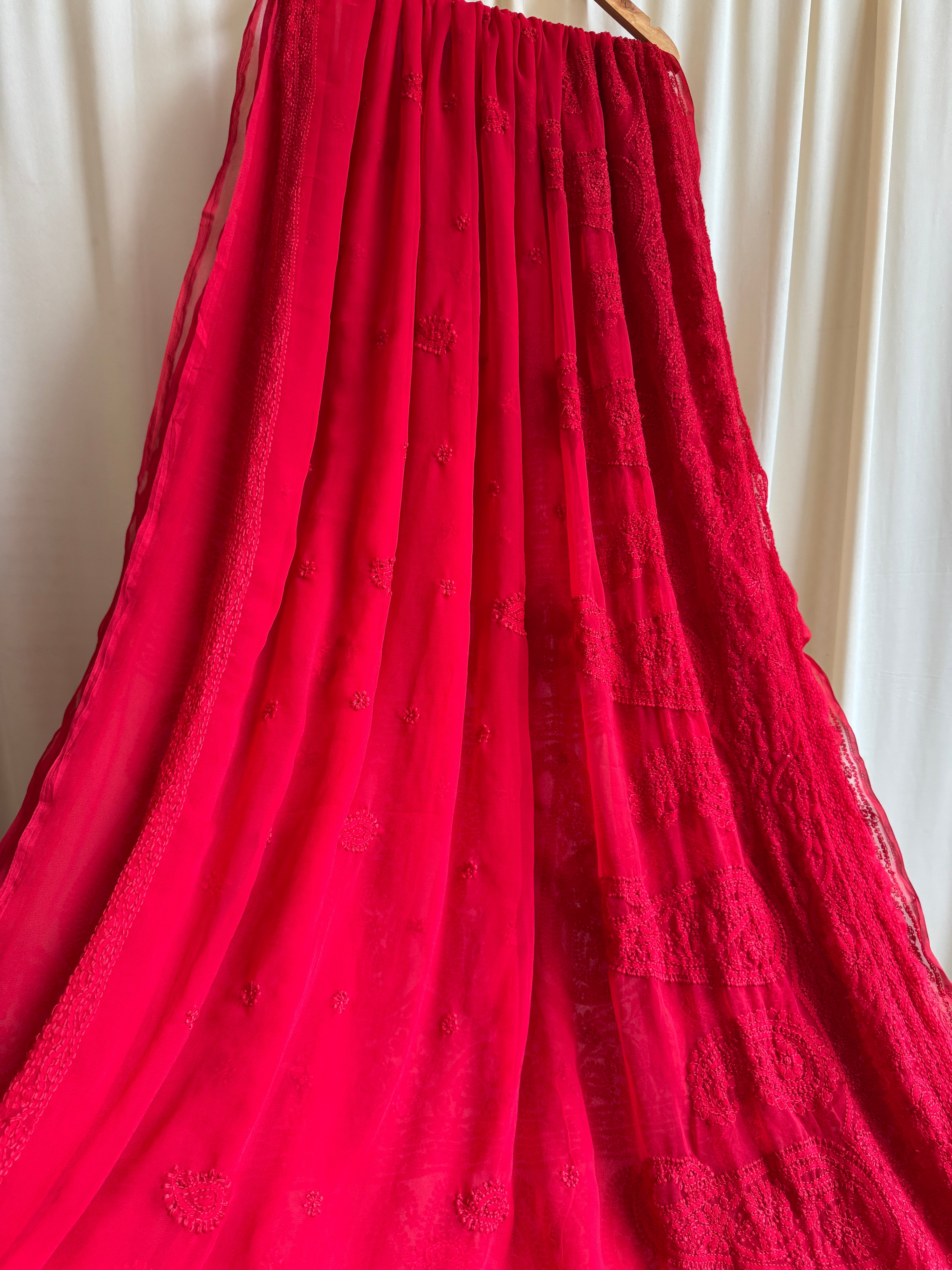 Georgette Chikankari saree in Red ARIAA CHIKANKARI