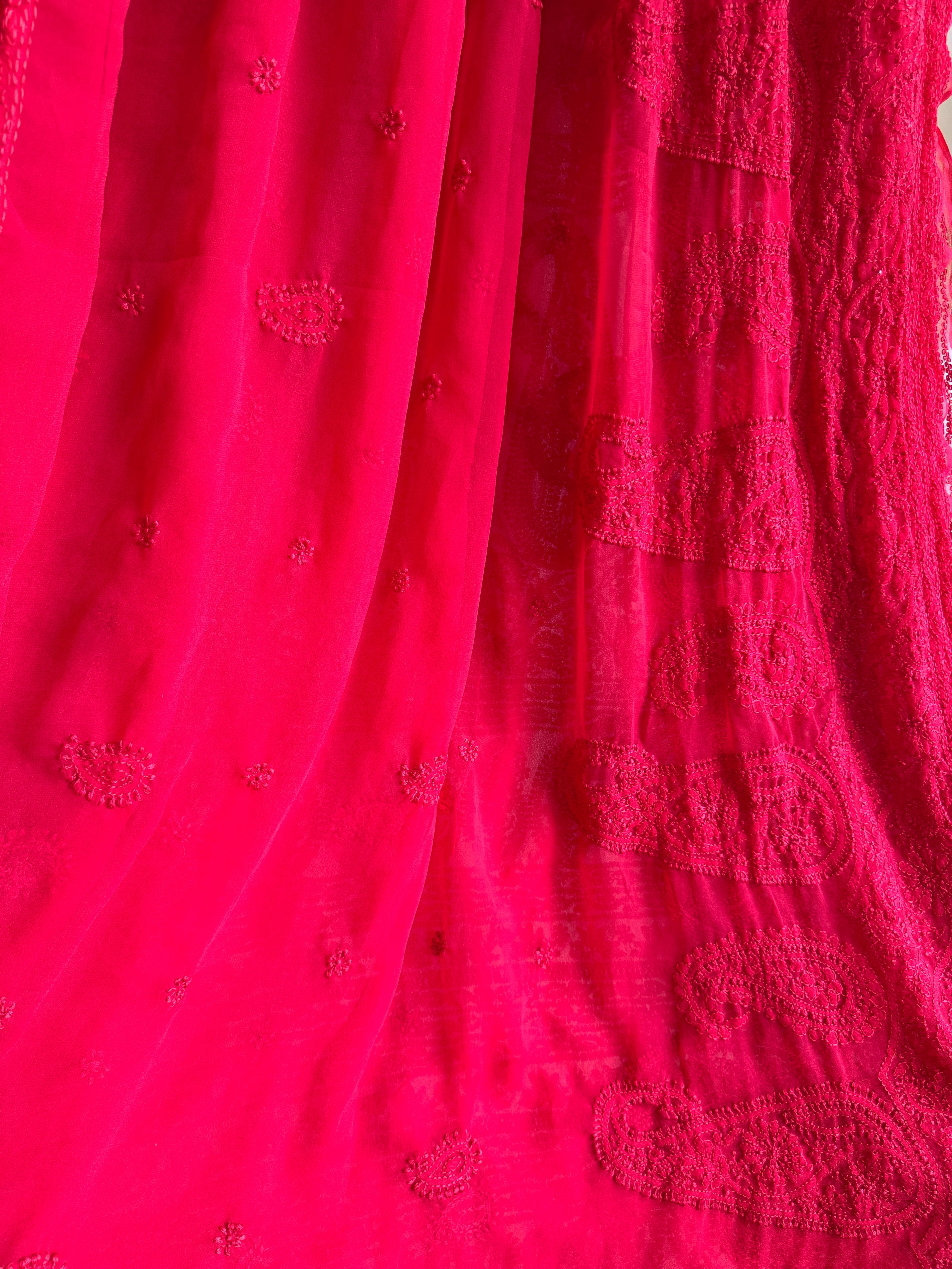 Georgette Chikankari saree in Red ARIAA CHIKANKARI