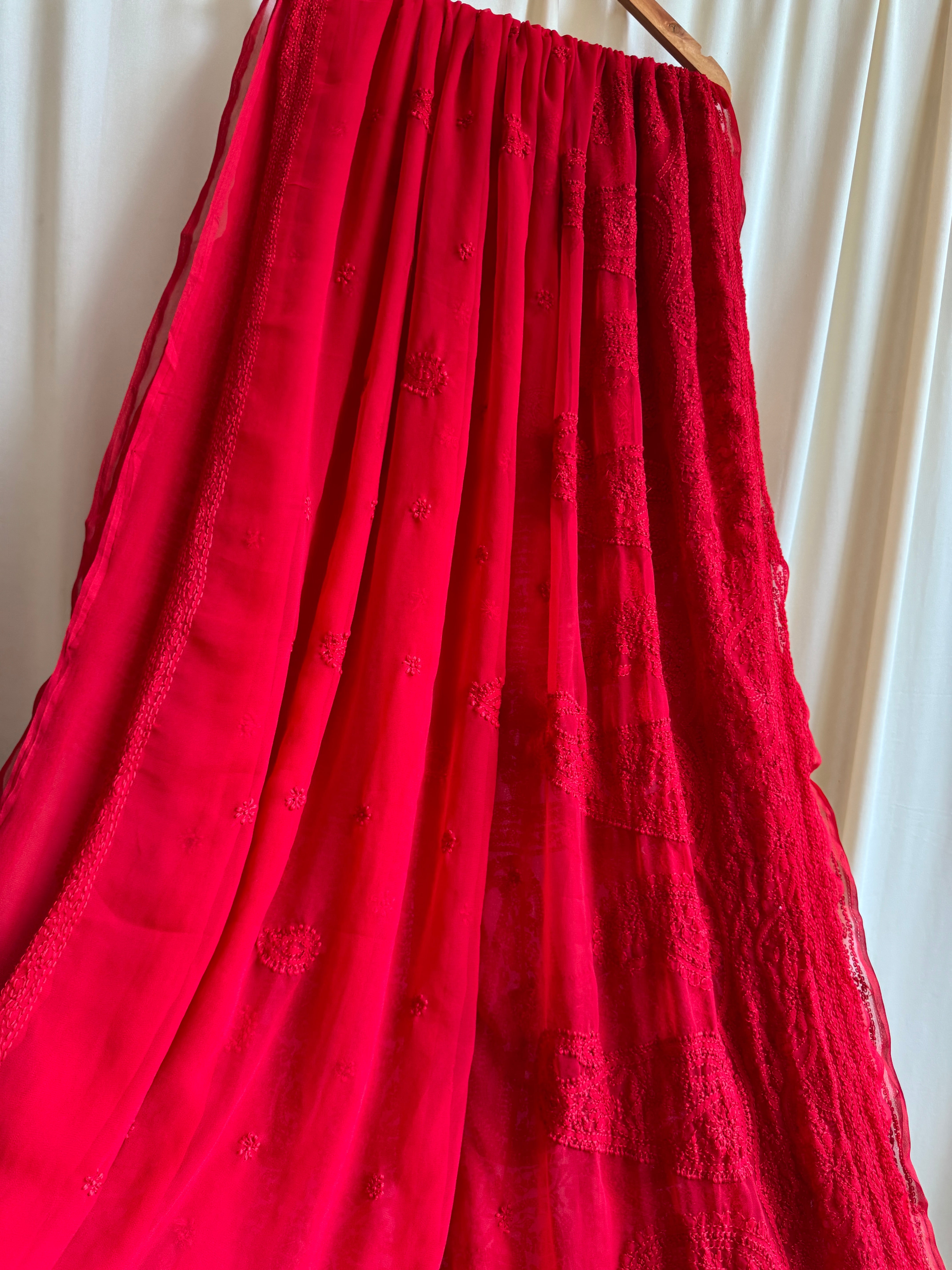 Georgette Chikankari saree in Red ARIAA CHIKANKARI