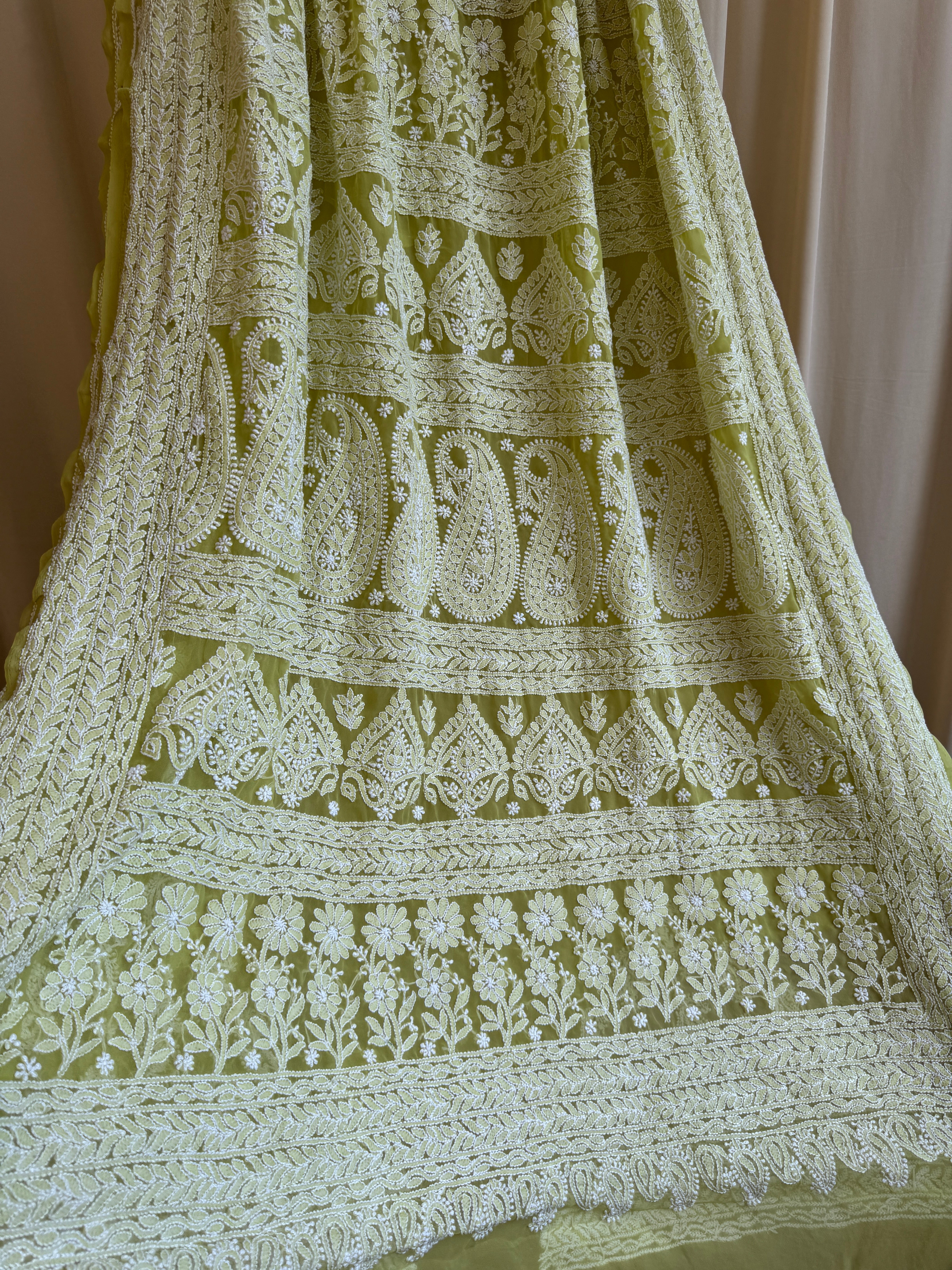 Georgette Chikankari saree in Green ARIAA CHIKANKARI