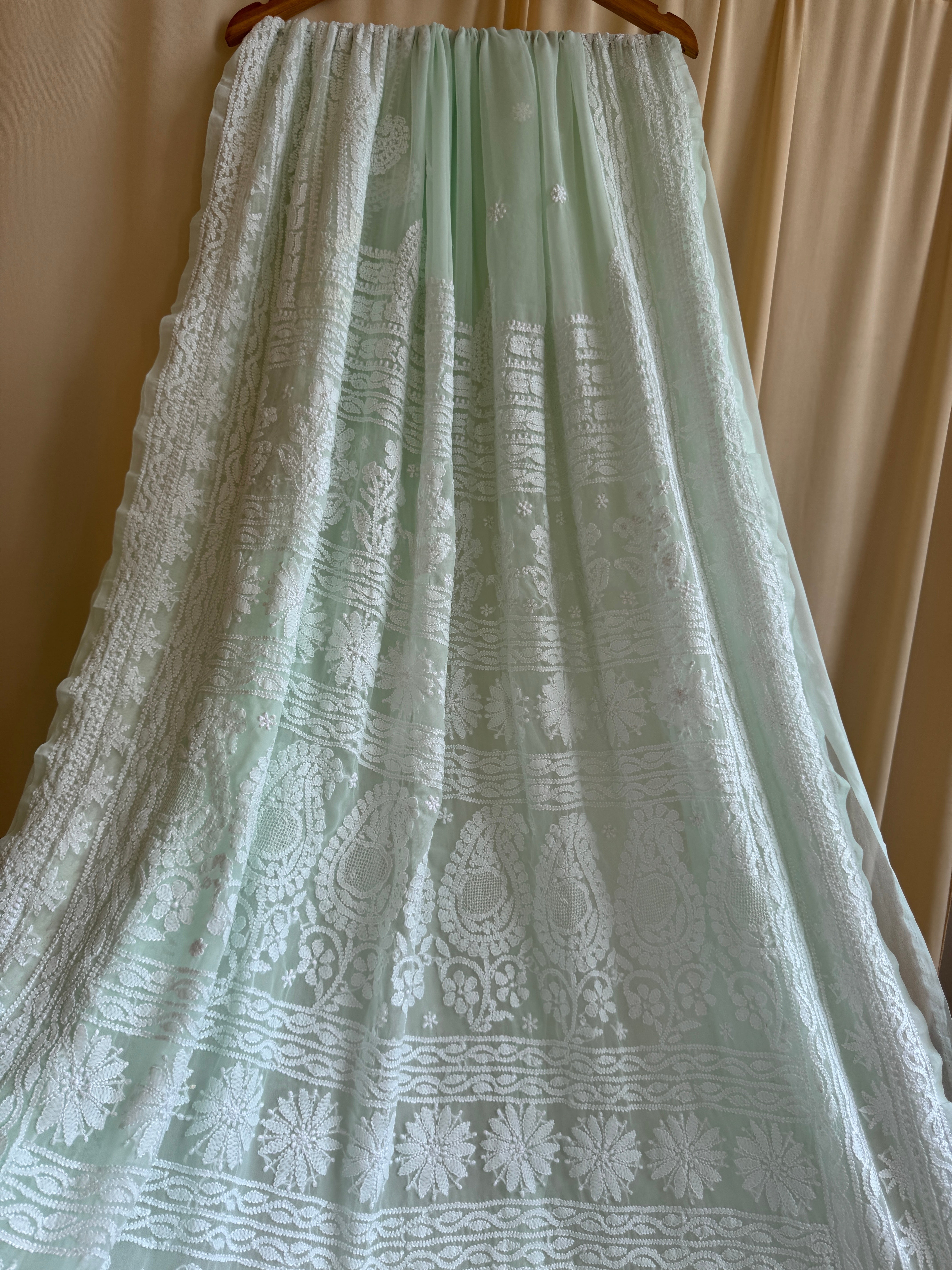 Georgette Chikankari saree in Sea Green ARIAA CHIKANKARI