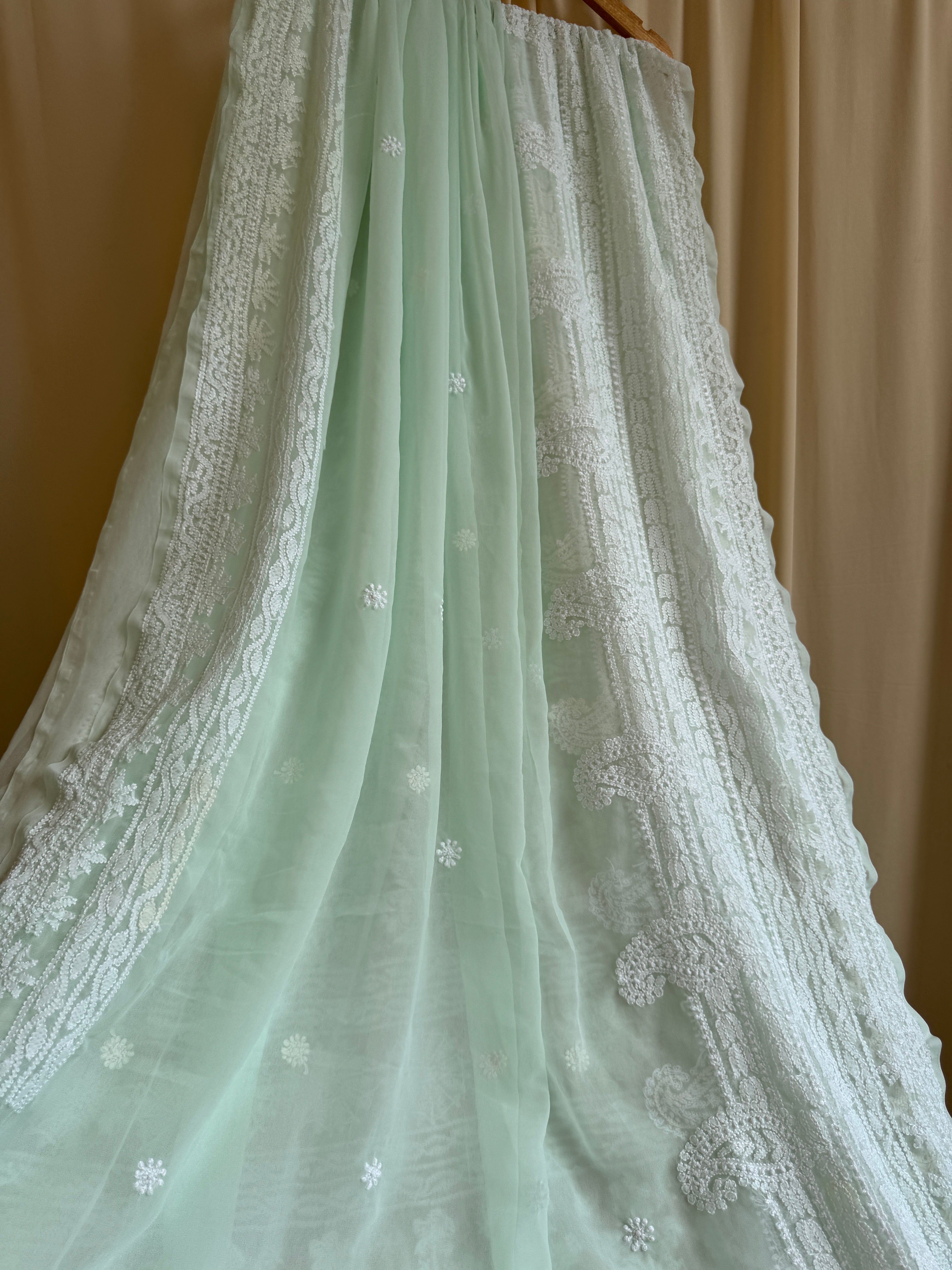 Georgette Chikankari saree in Sea Green ARIAA CHIKANKARI