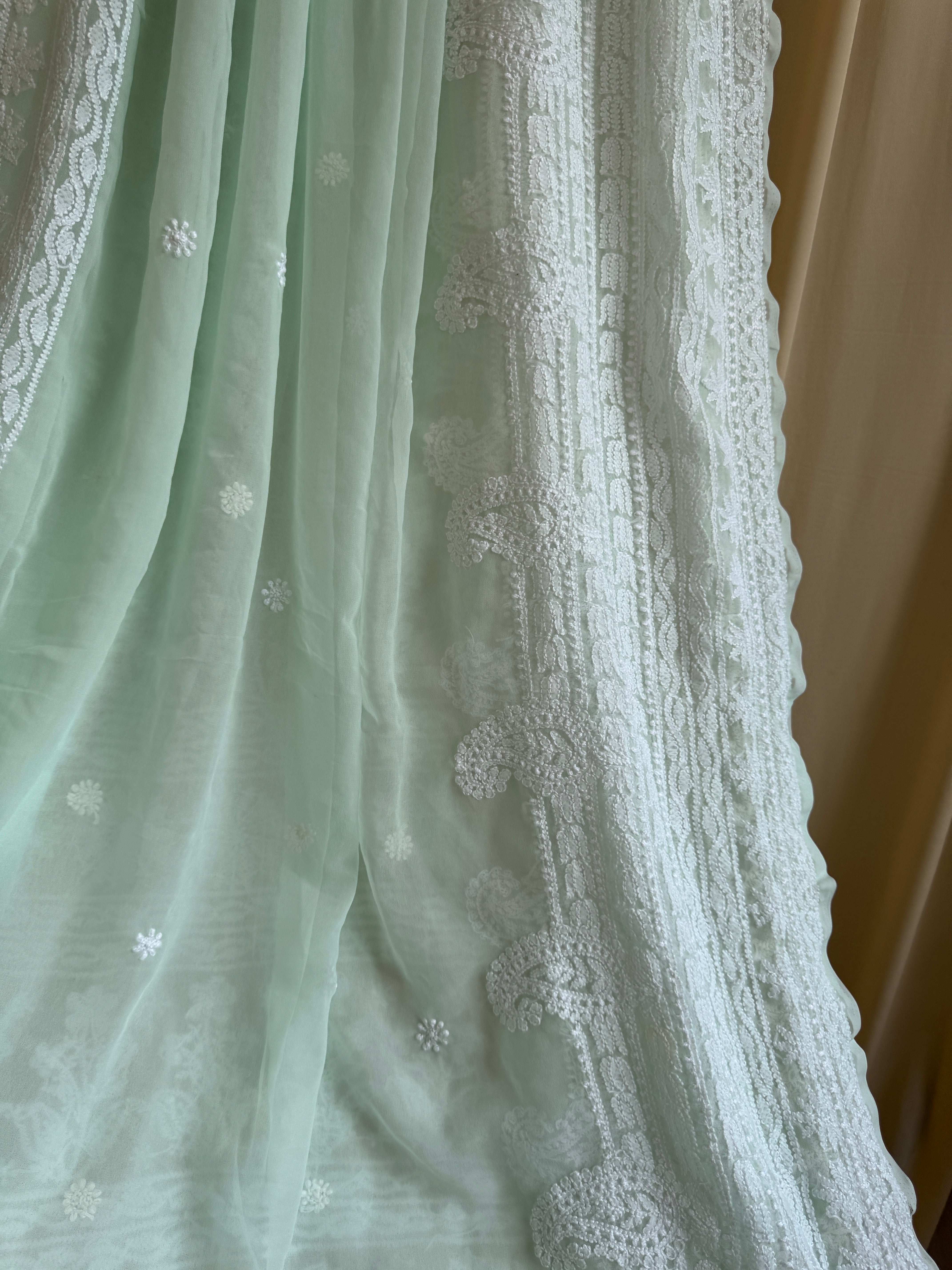 Georgette Chikankari saree in Sea Green ARIAA CHIKANKARI