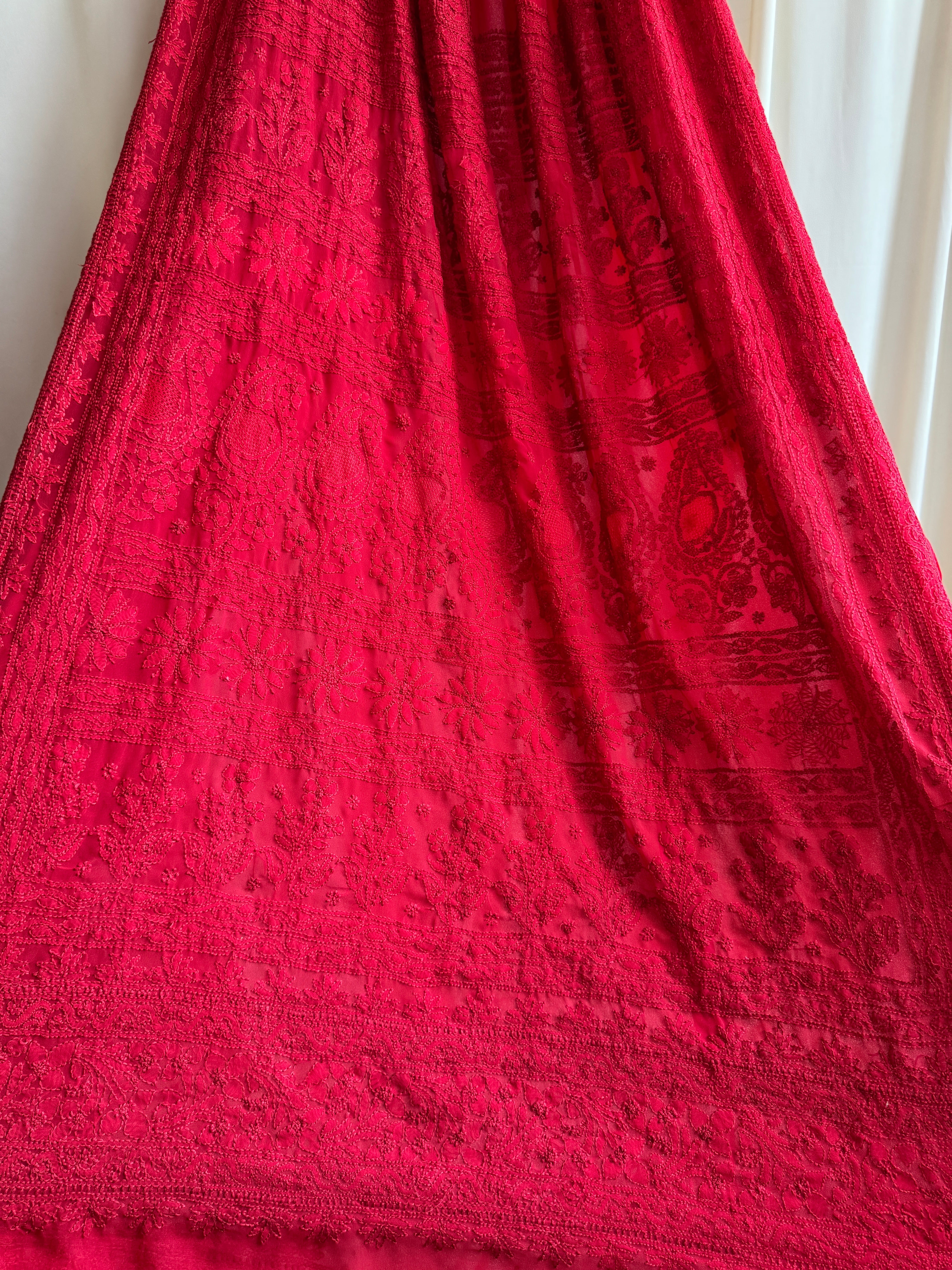 Georgette Chikankari saree in Red ARIAA CHIKANKARI