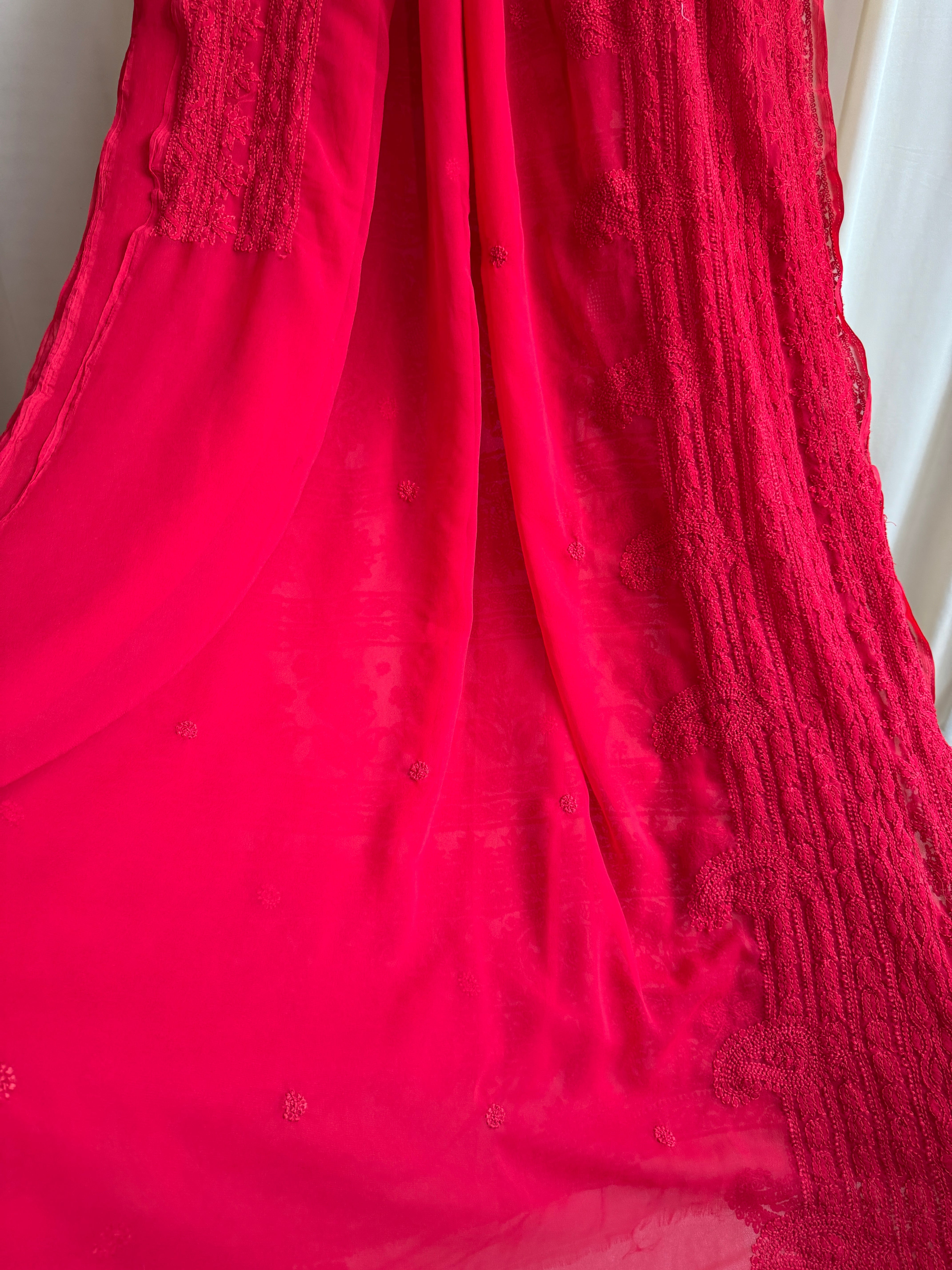 Georgette Chikankari saree in Red ARIAA CHIKANKARI