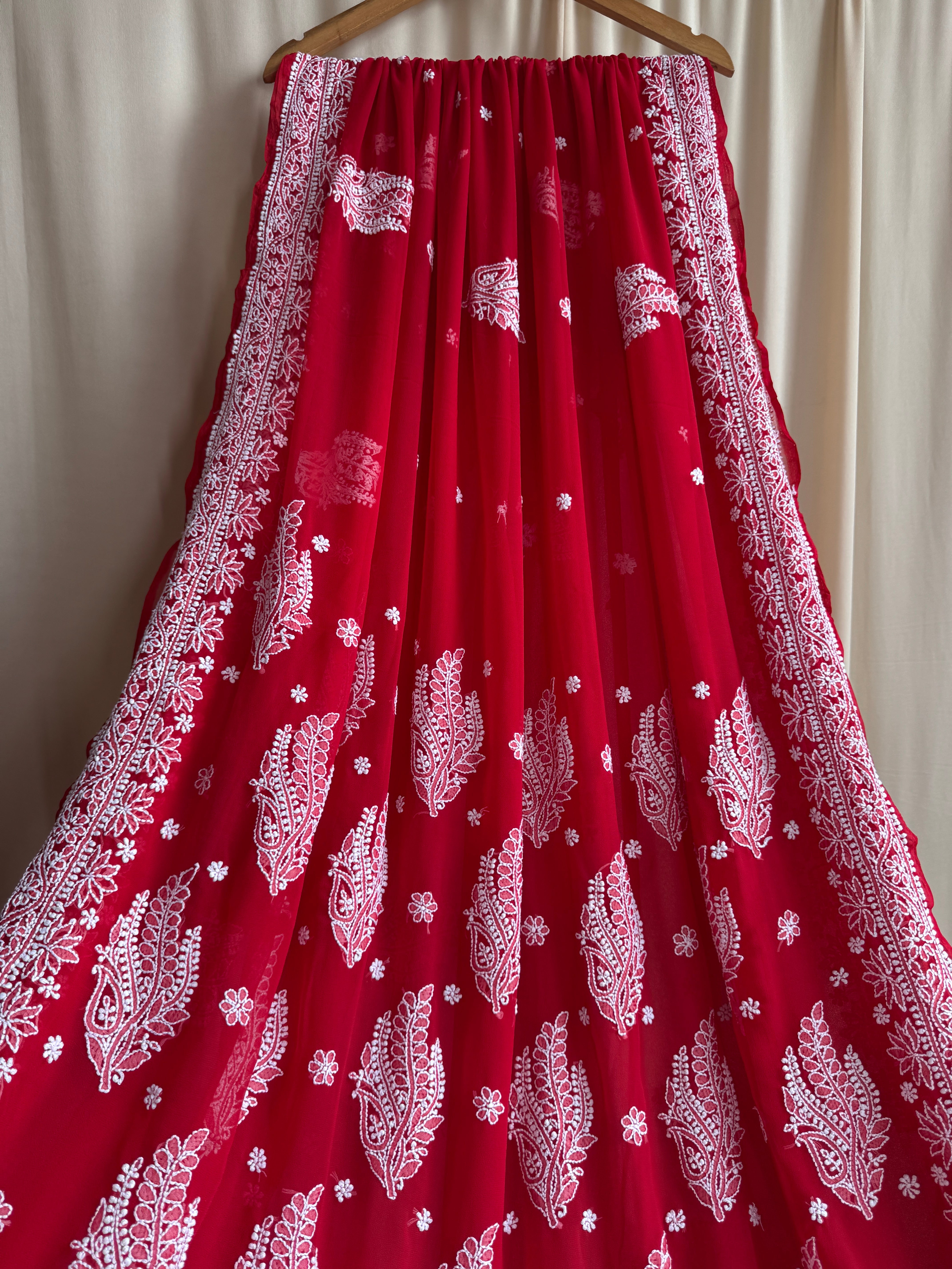 Georgette Chikankari saree in Red ARIAA CHIKANKARI