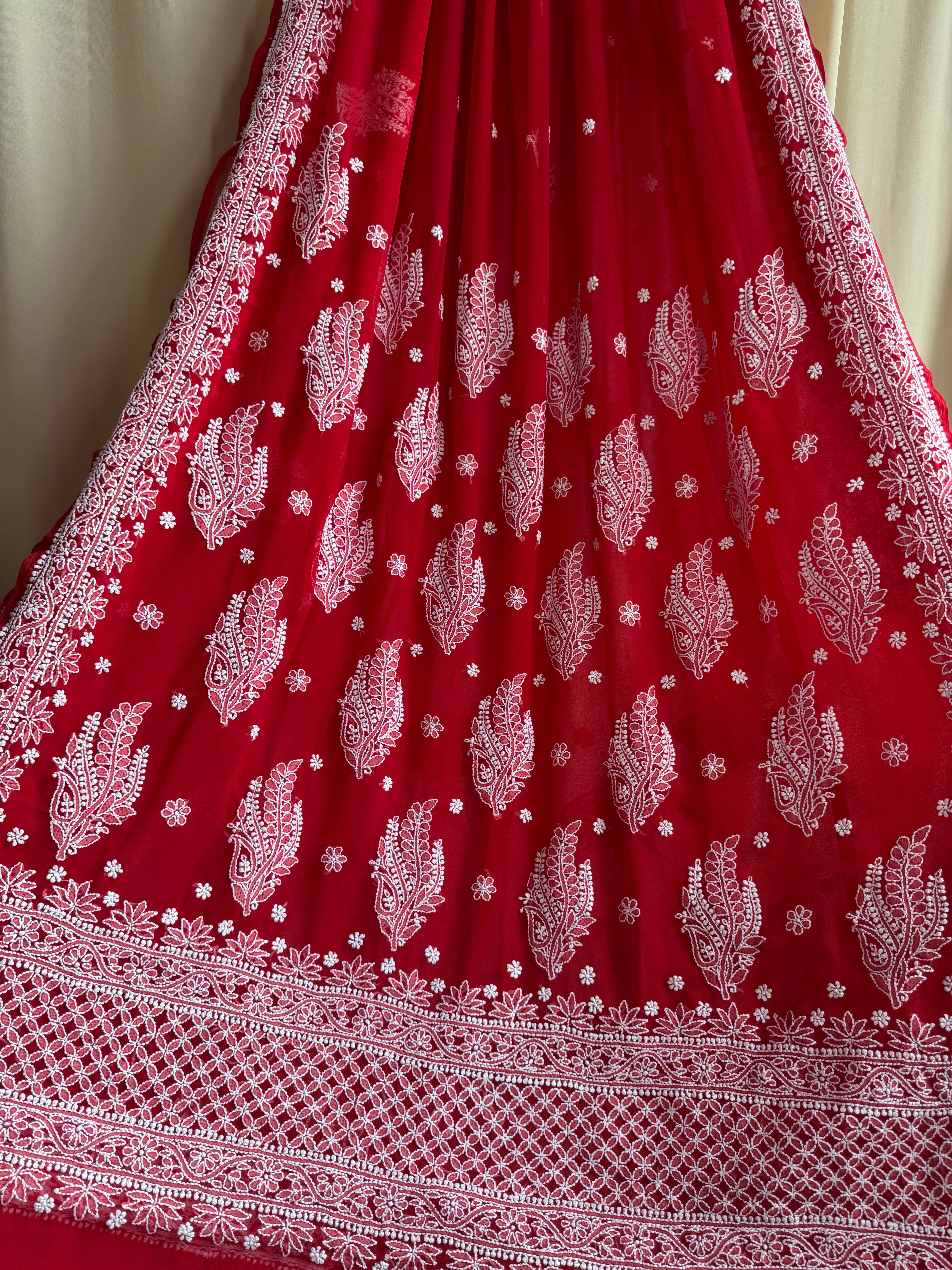 Georgette Chikankari saree in Red ARIAA CHIKANKARI
