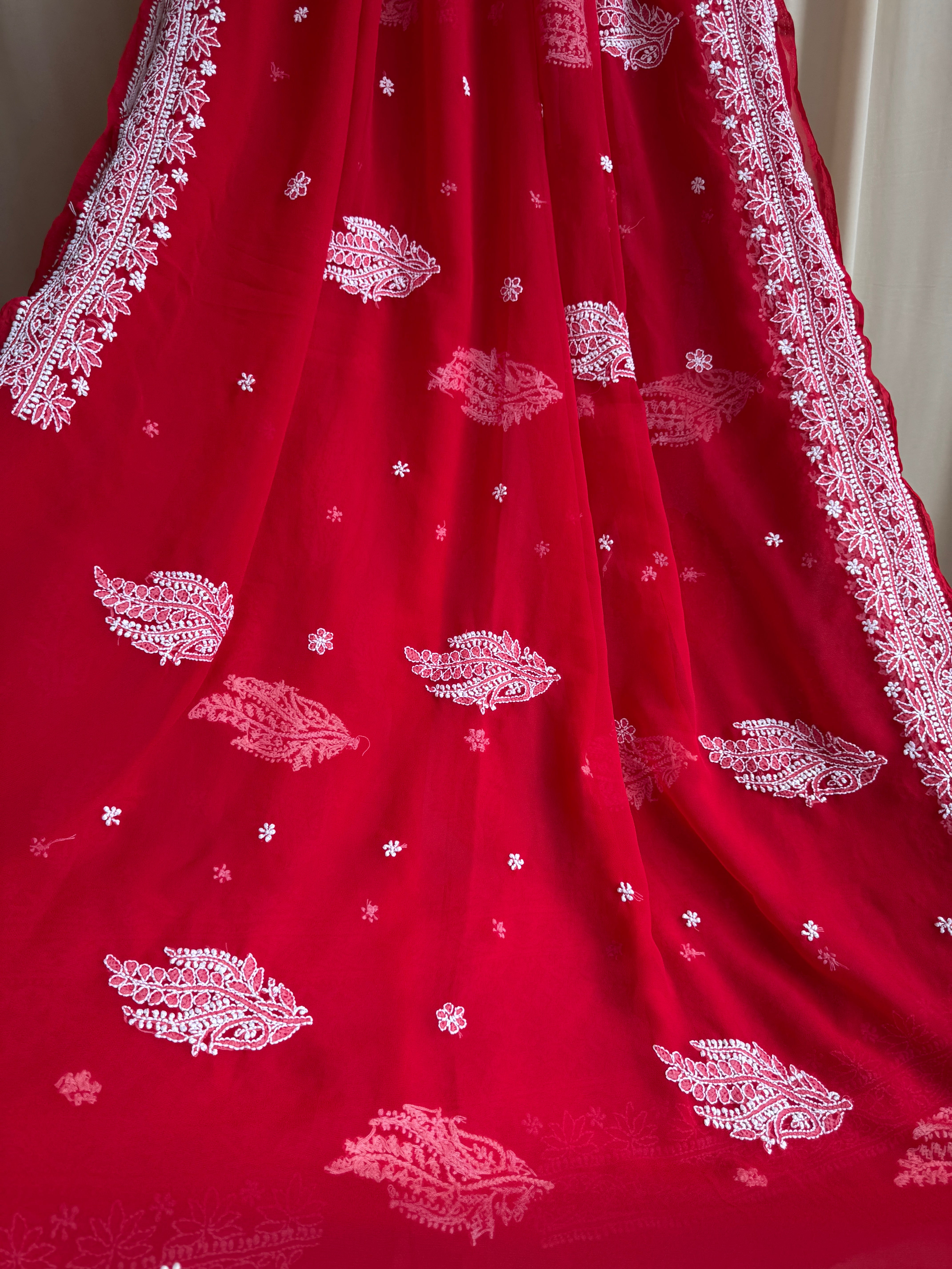 Georgette Chikankari saree in Red ARIAA CHIKANKARI