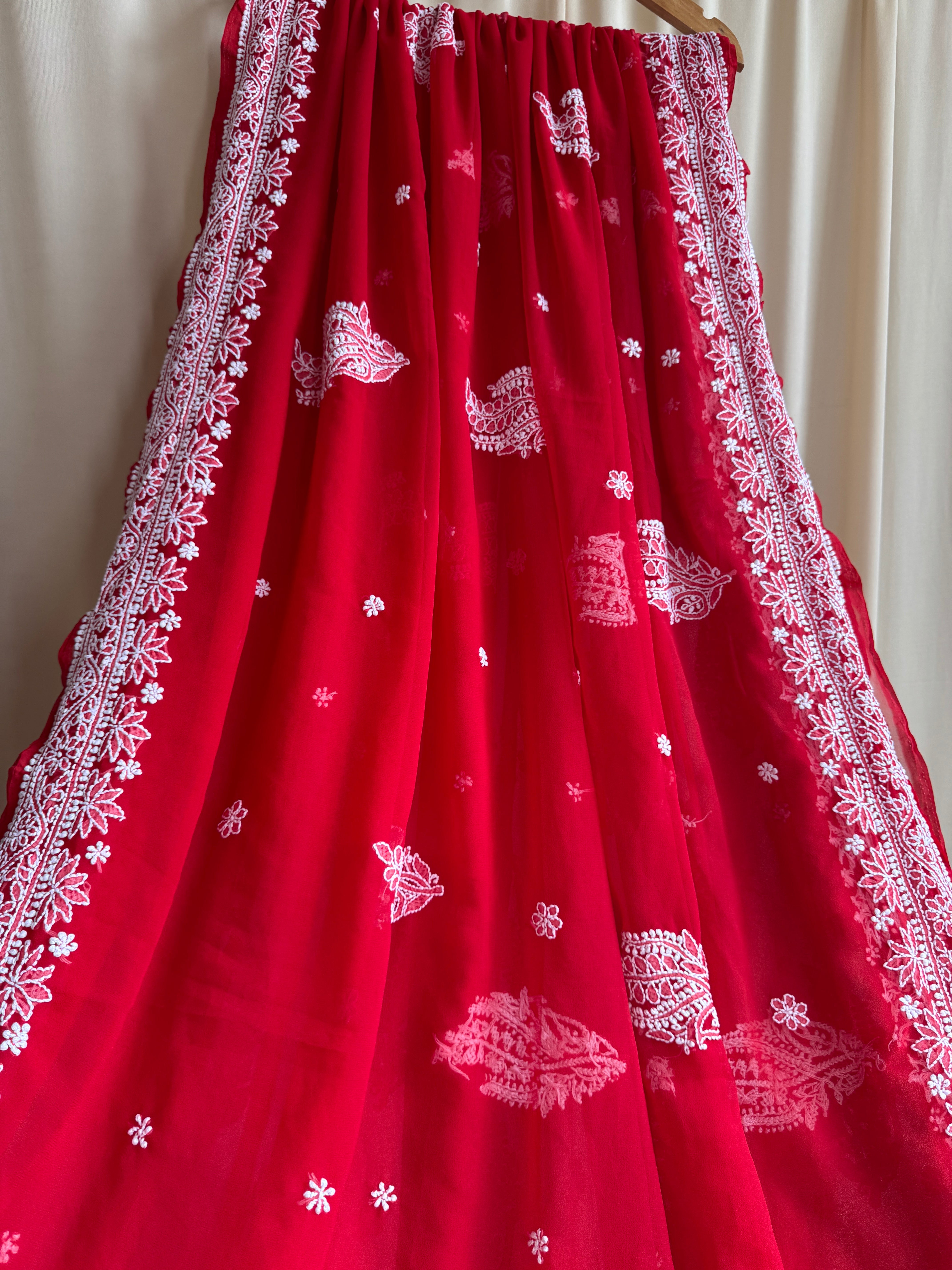 Georgette Chikankari saree in Red ARIAA CHIKANKARI