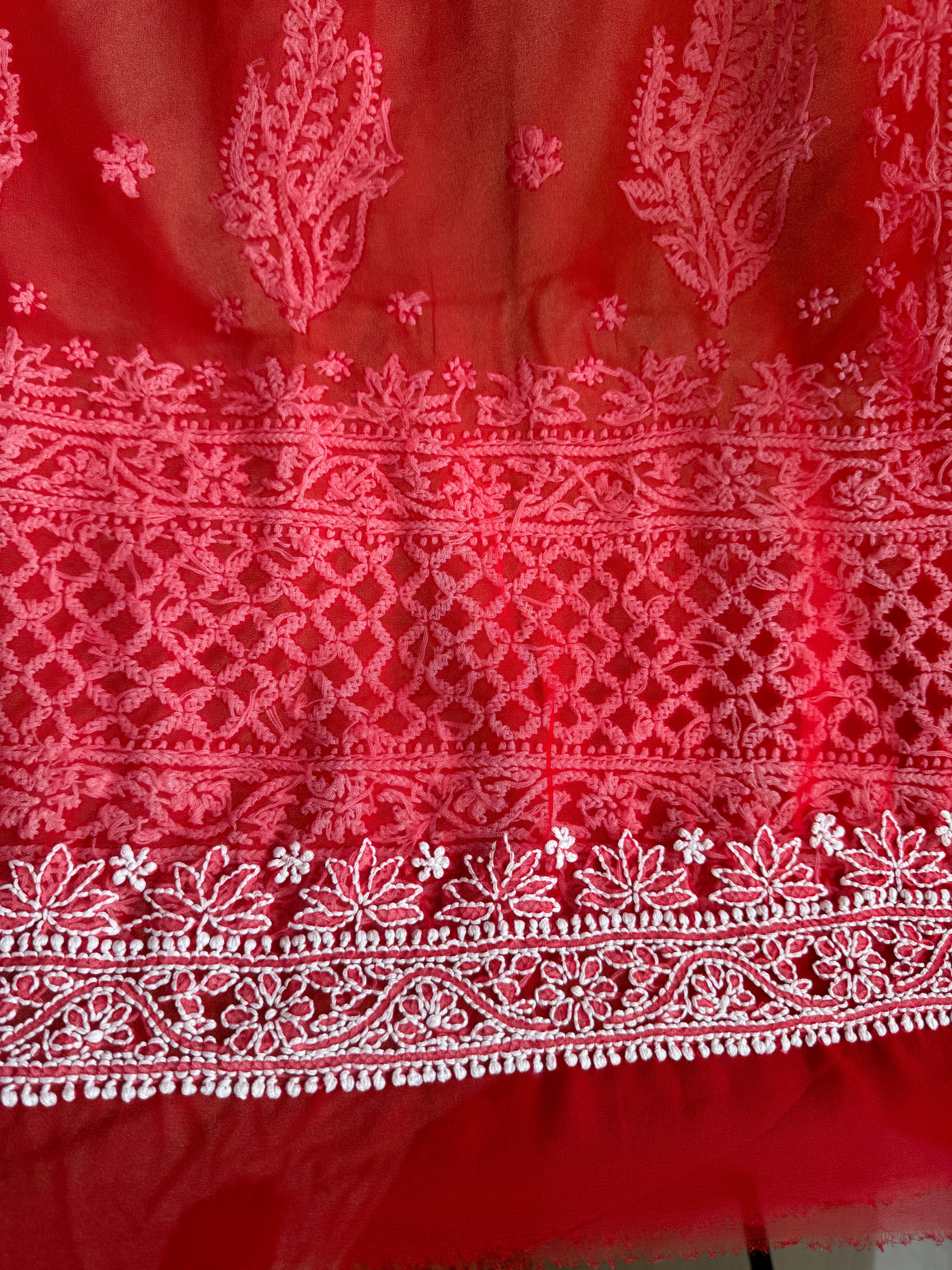 Georgette Chikankari saree in Red ARIAA CHIKANKARI