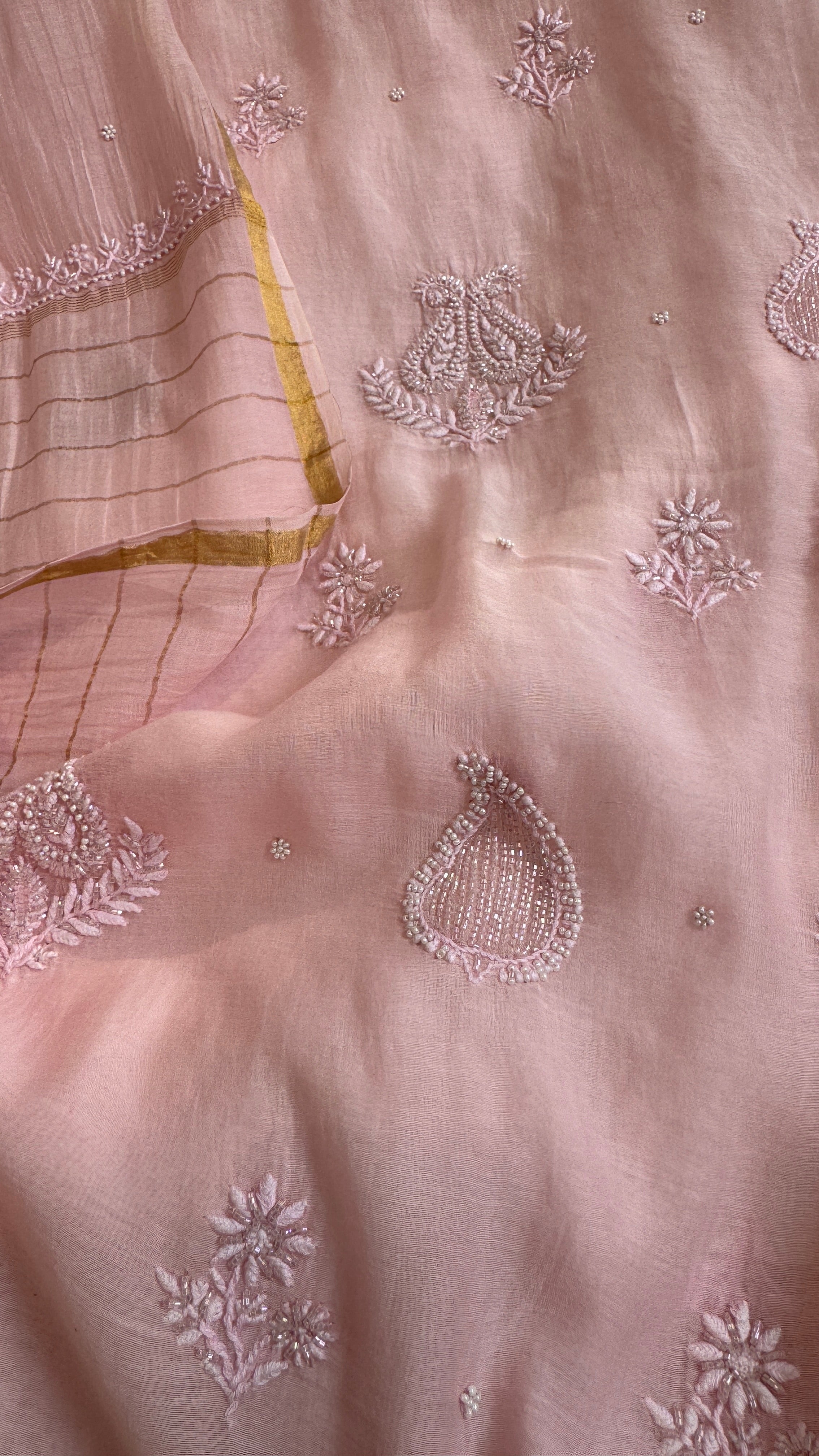 Mul Chanderi Length with Dupatta (with Pearl) - Baby Pink