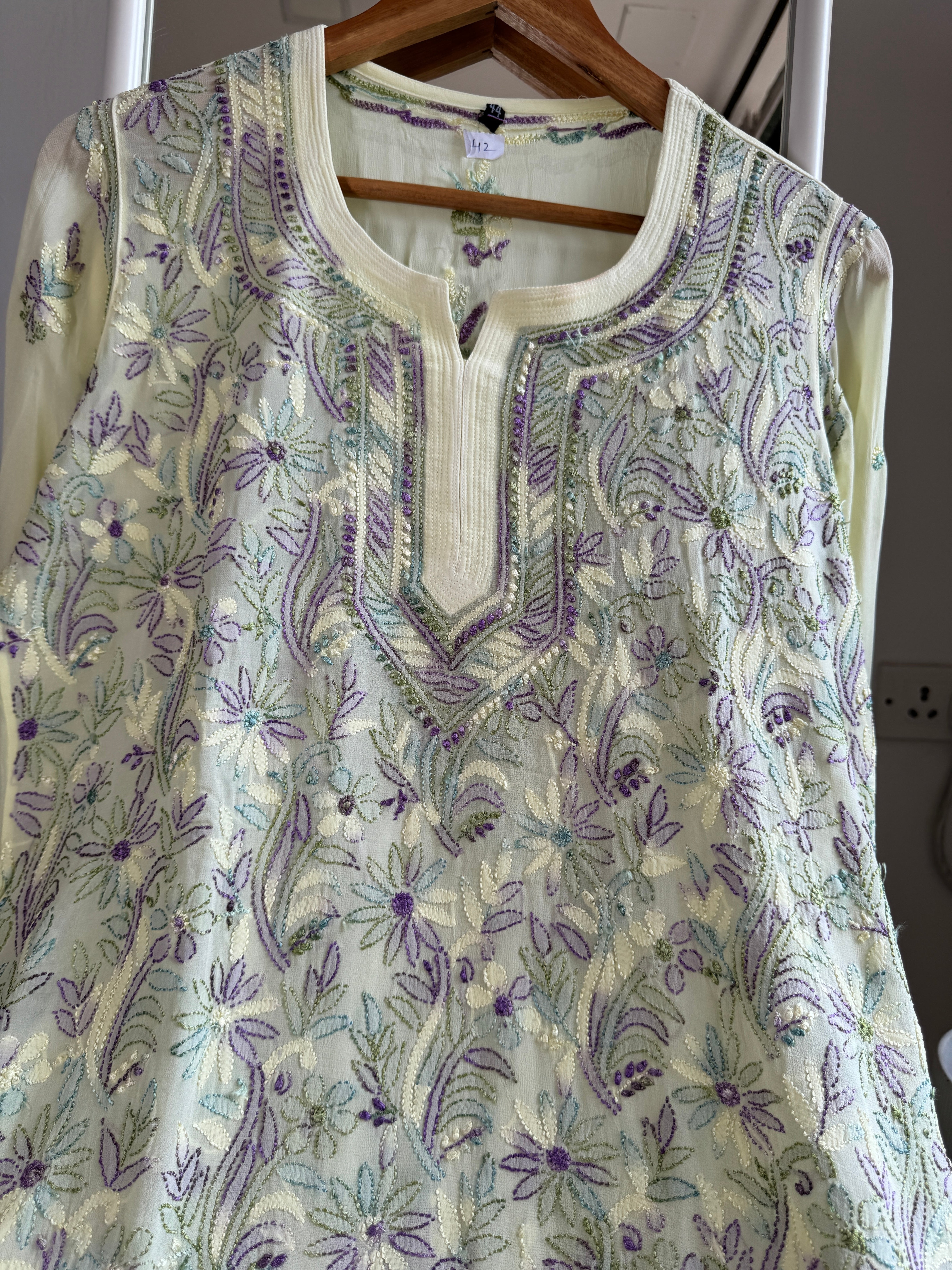 Chikankari Viscose Georgette short Top in Lemon Yellow Multi Thread ARIAA CHIKANKARI