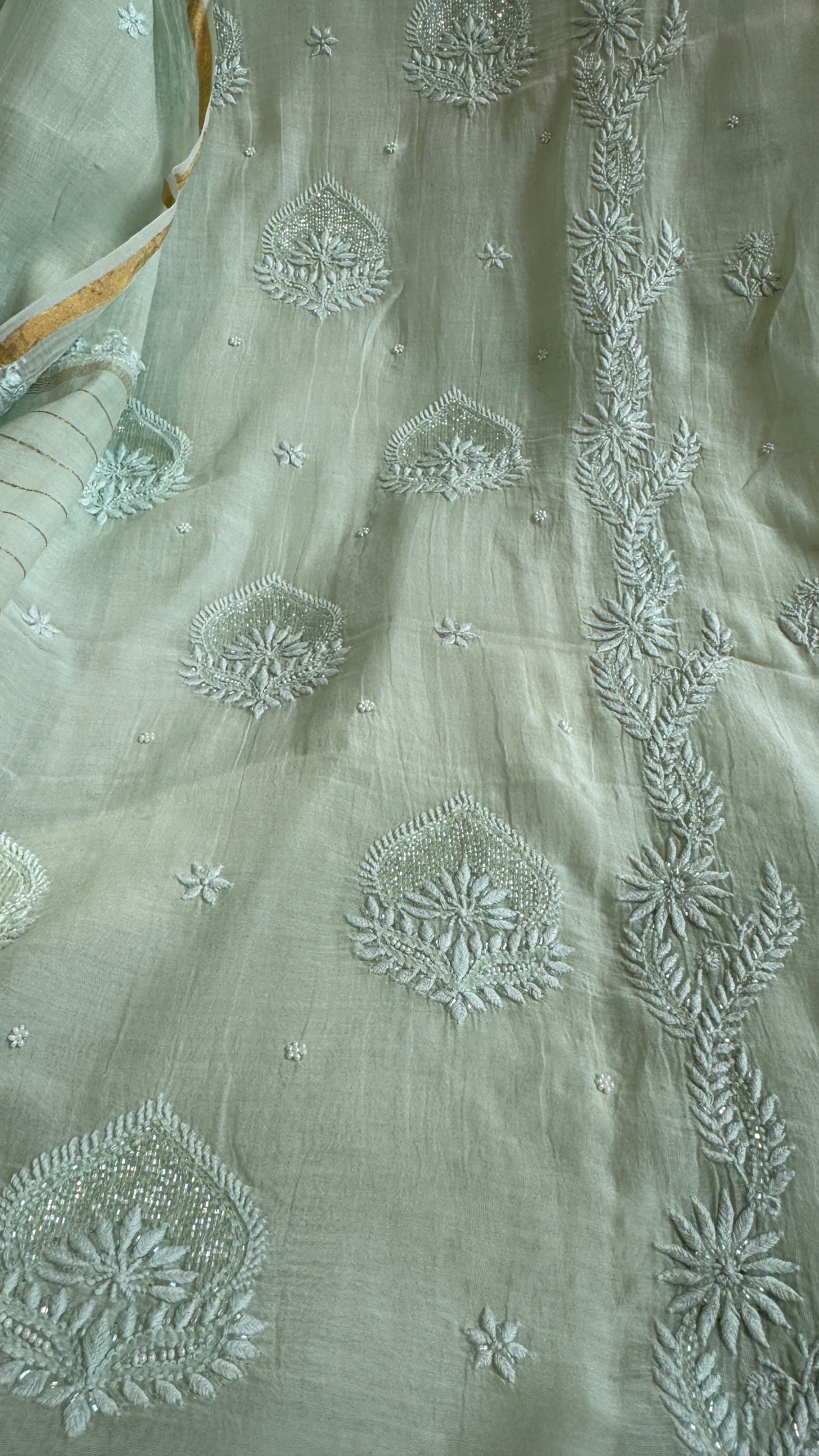 Mul Chanderi Chikankari Length with Dupatta (with Pearl) - Sheen Green