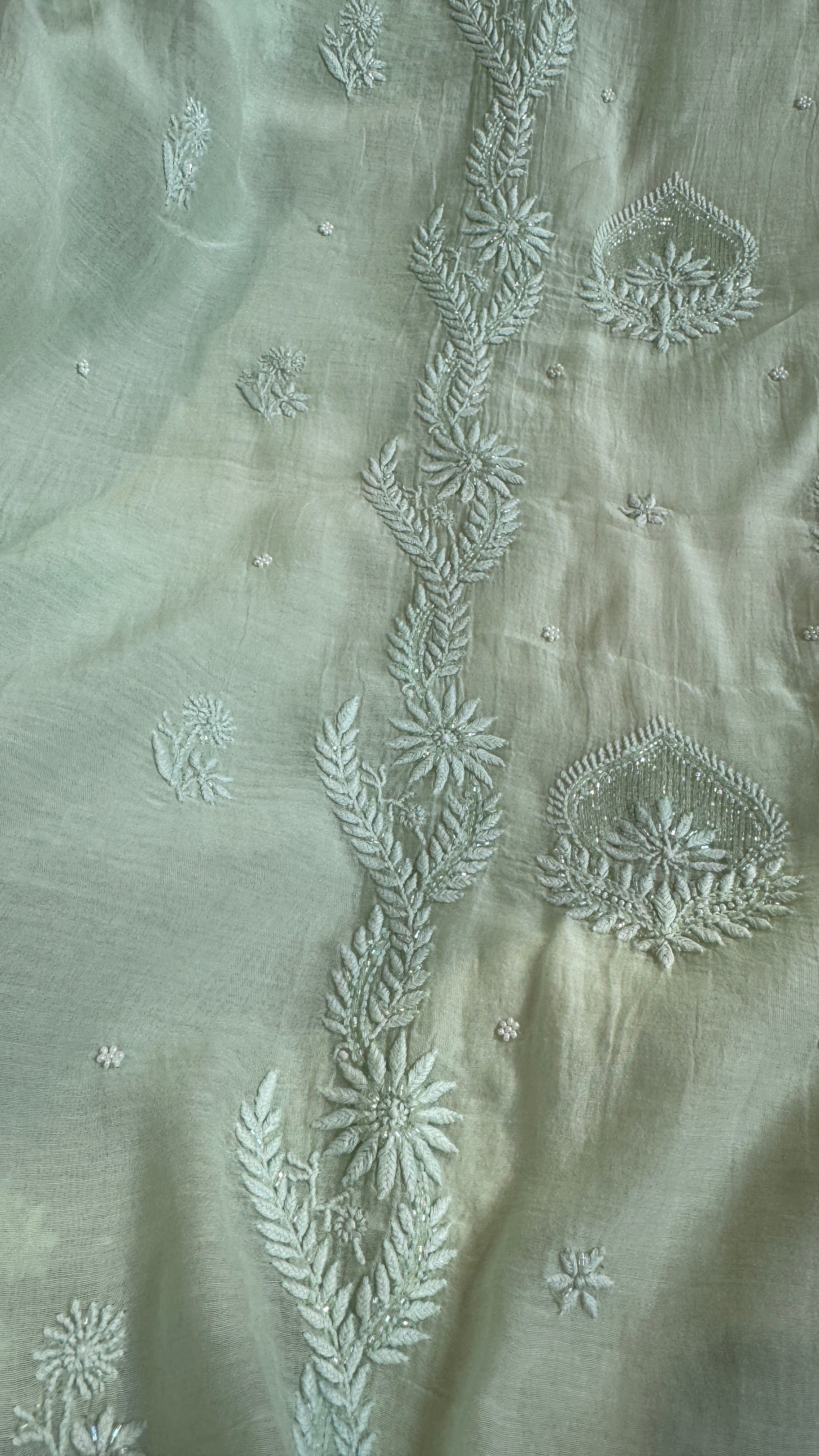 Mul Chanderi Chikankari Length with Dupatta (with Pearl) - Sheen Green