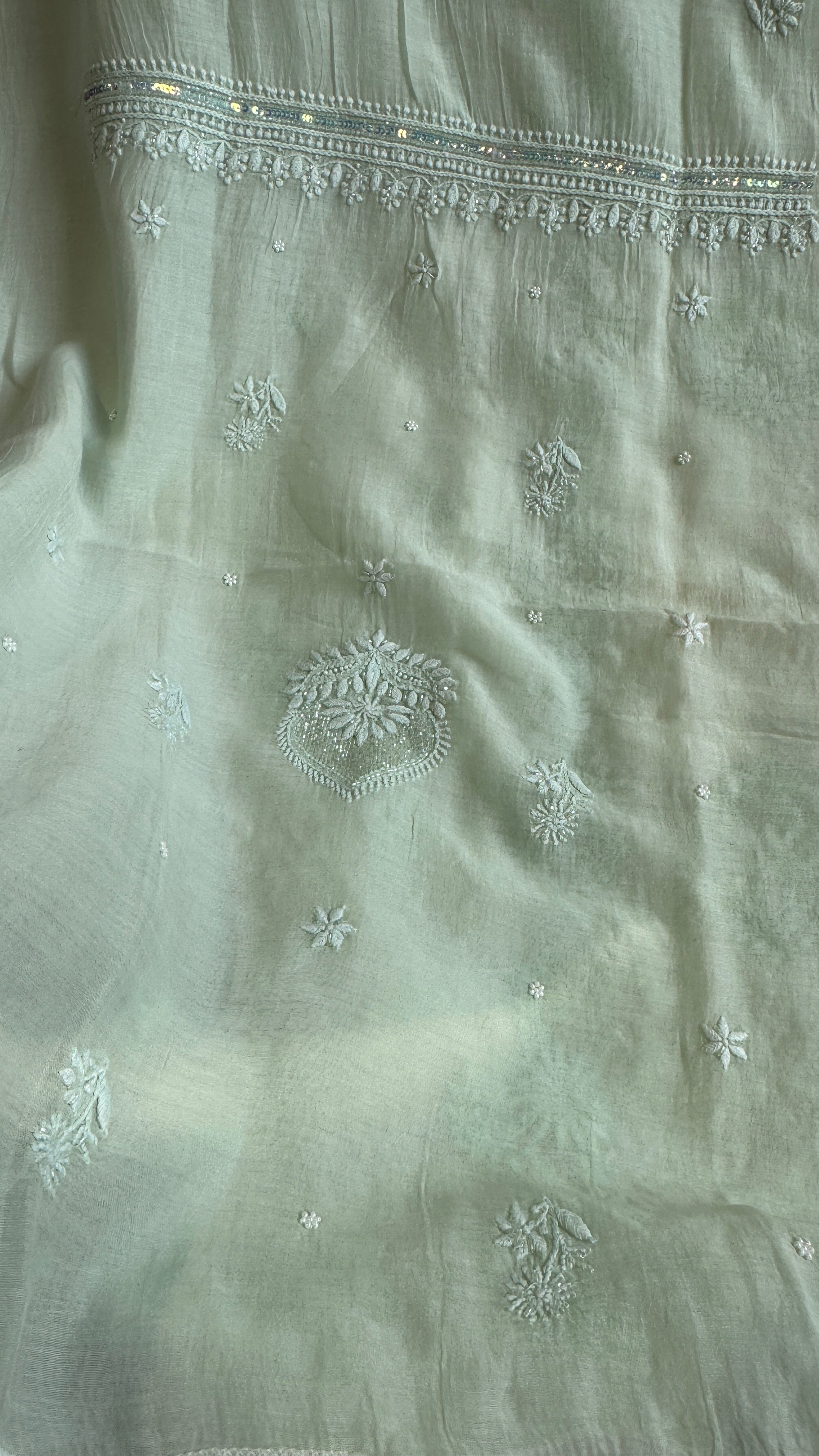 Mul Chanderi Chikankari Length with Dupatta (with Pearl) - Sheen Green