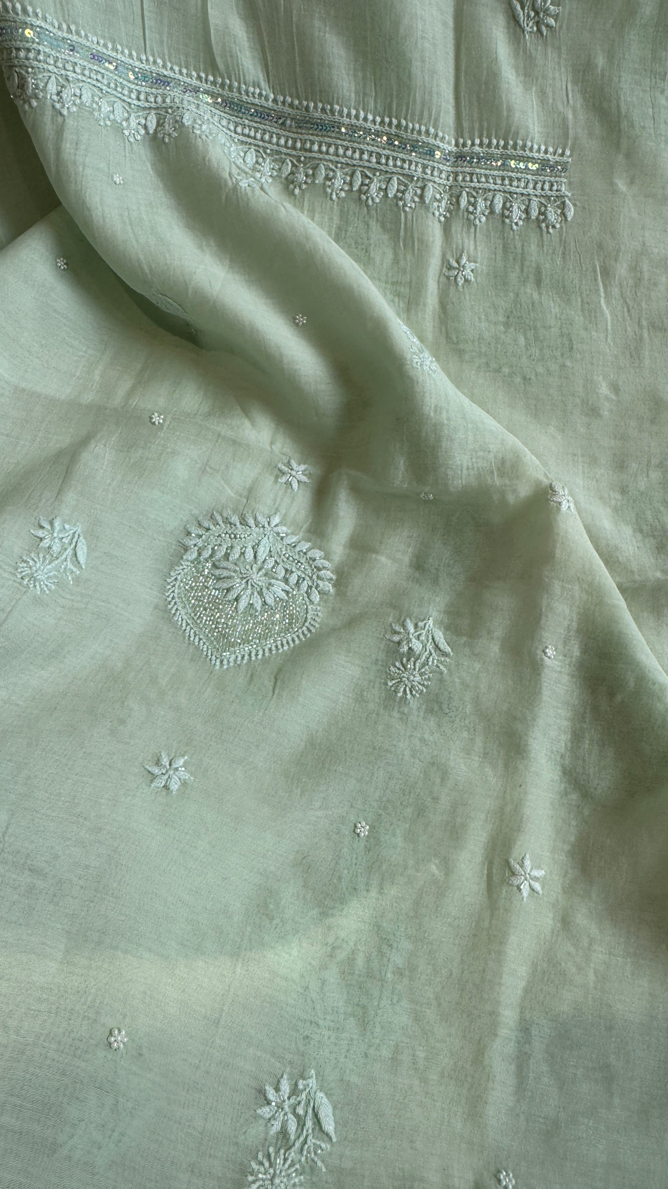 Mul Chanderi Chikankari Length with Dupatta (with Pearl) - Sheen Green