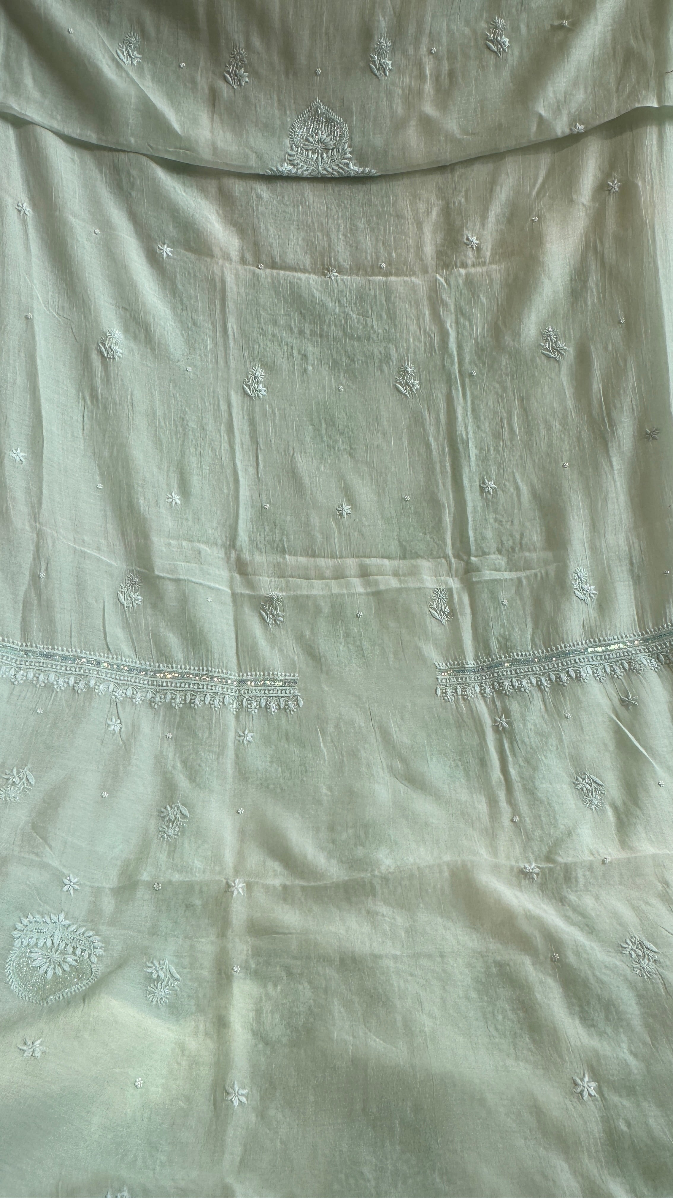 Mul Chanderi Chikankari Length with Dupatta (with Pearl) - Sheen Green