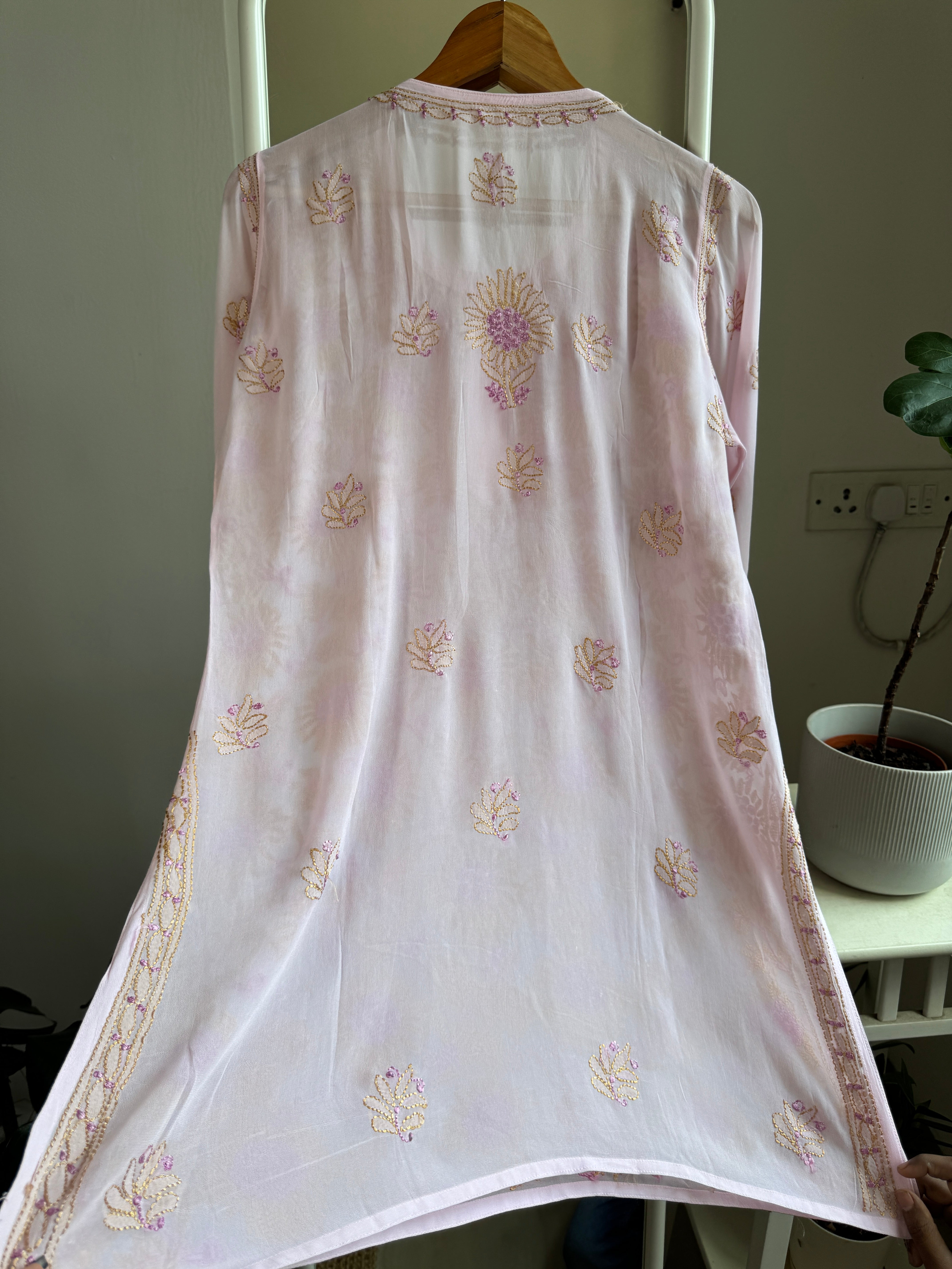 Chikankari Viscose Georgette short Top in Pink Multi Thread ARIAA CHIKANKARI