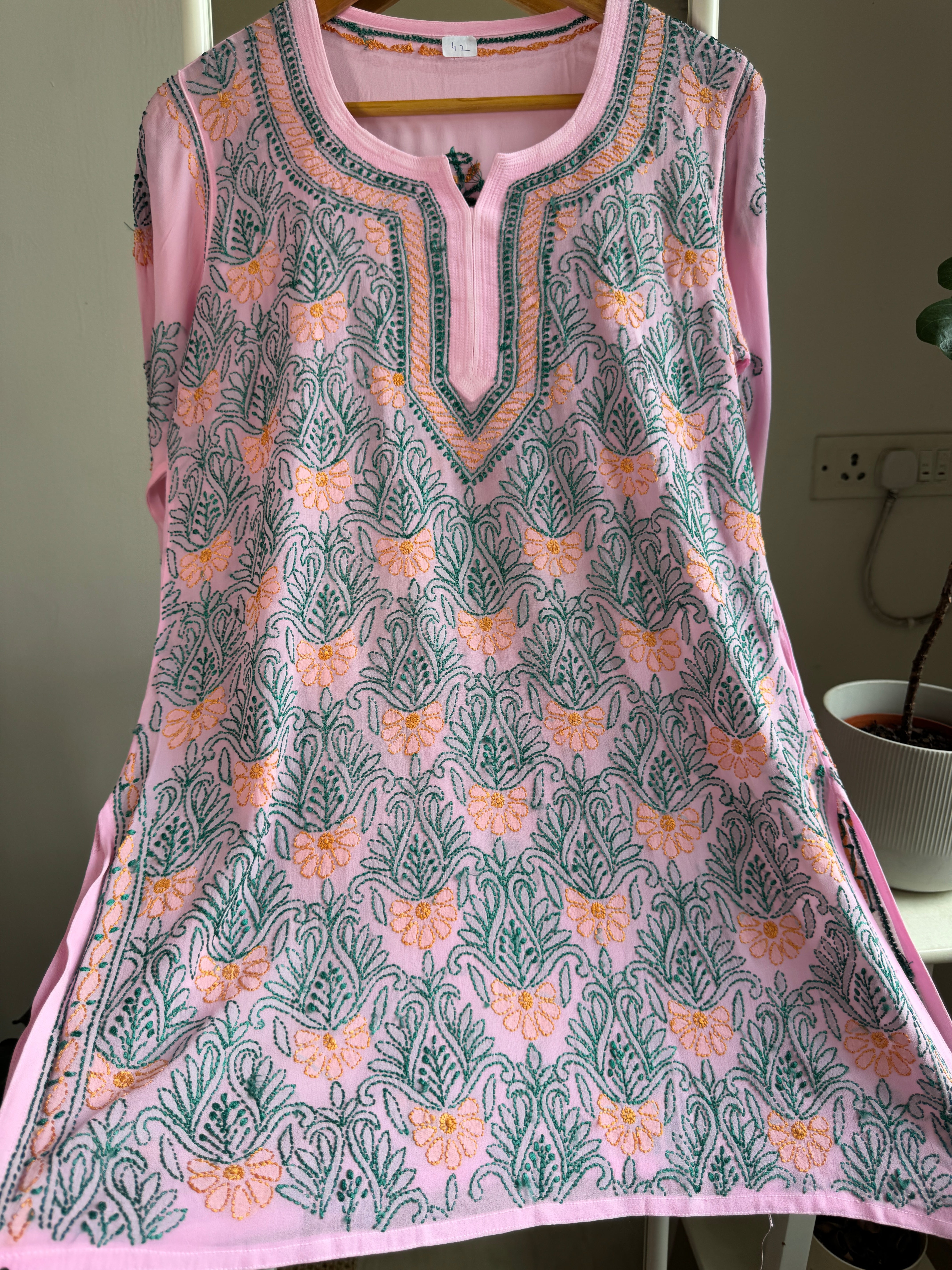 Chikankari Viscose Georgette short Top in Pink Multi Thread ARIAA CHIKANKARI