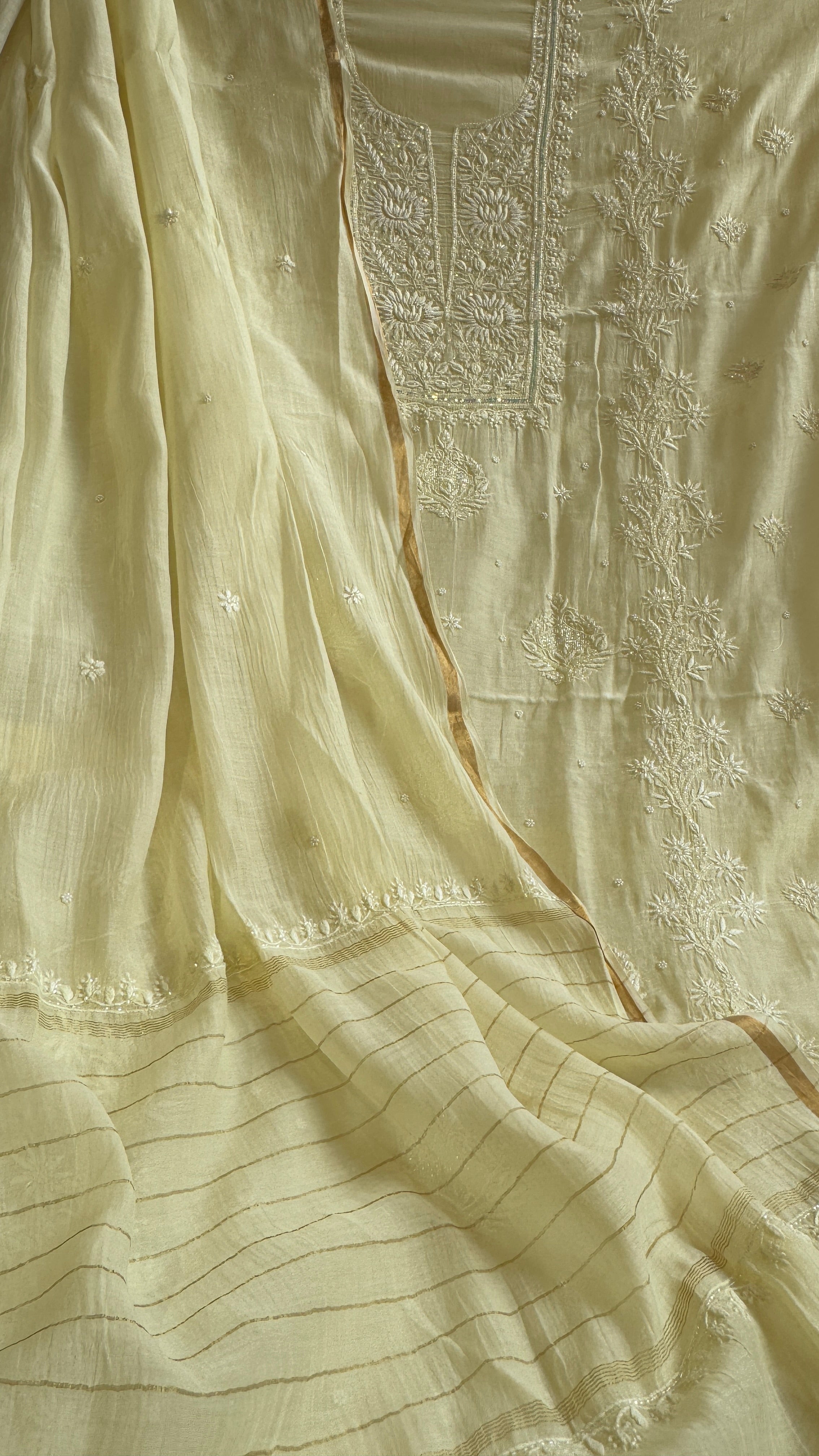 Mul Chanderi Length with Dupatta (with Pearl) - Lemon Yellow