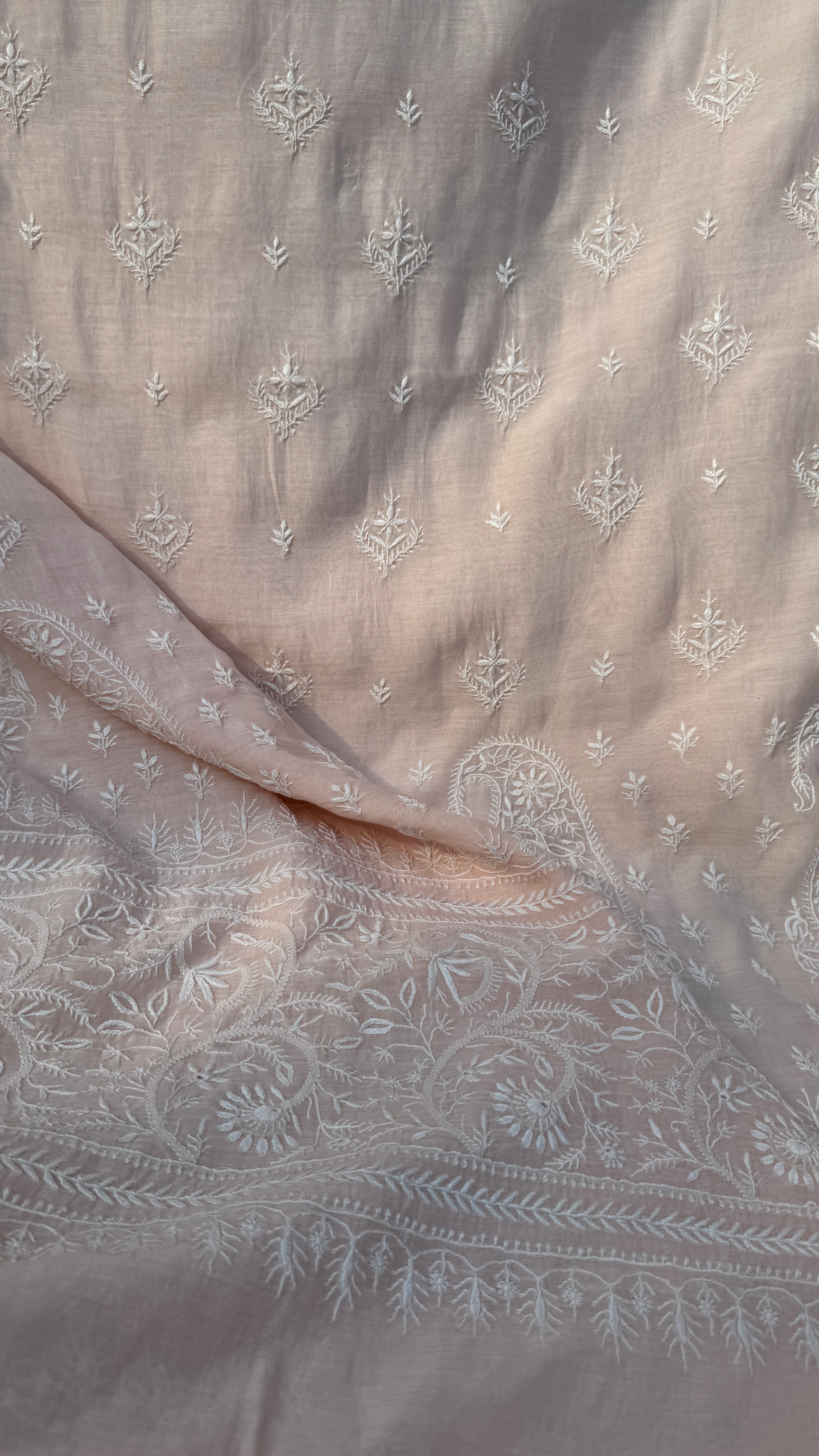 Pure Mul Chanderi Chikankari saree in Pale Pink