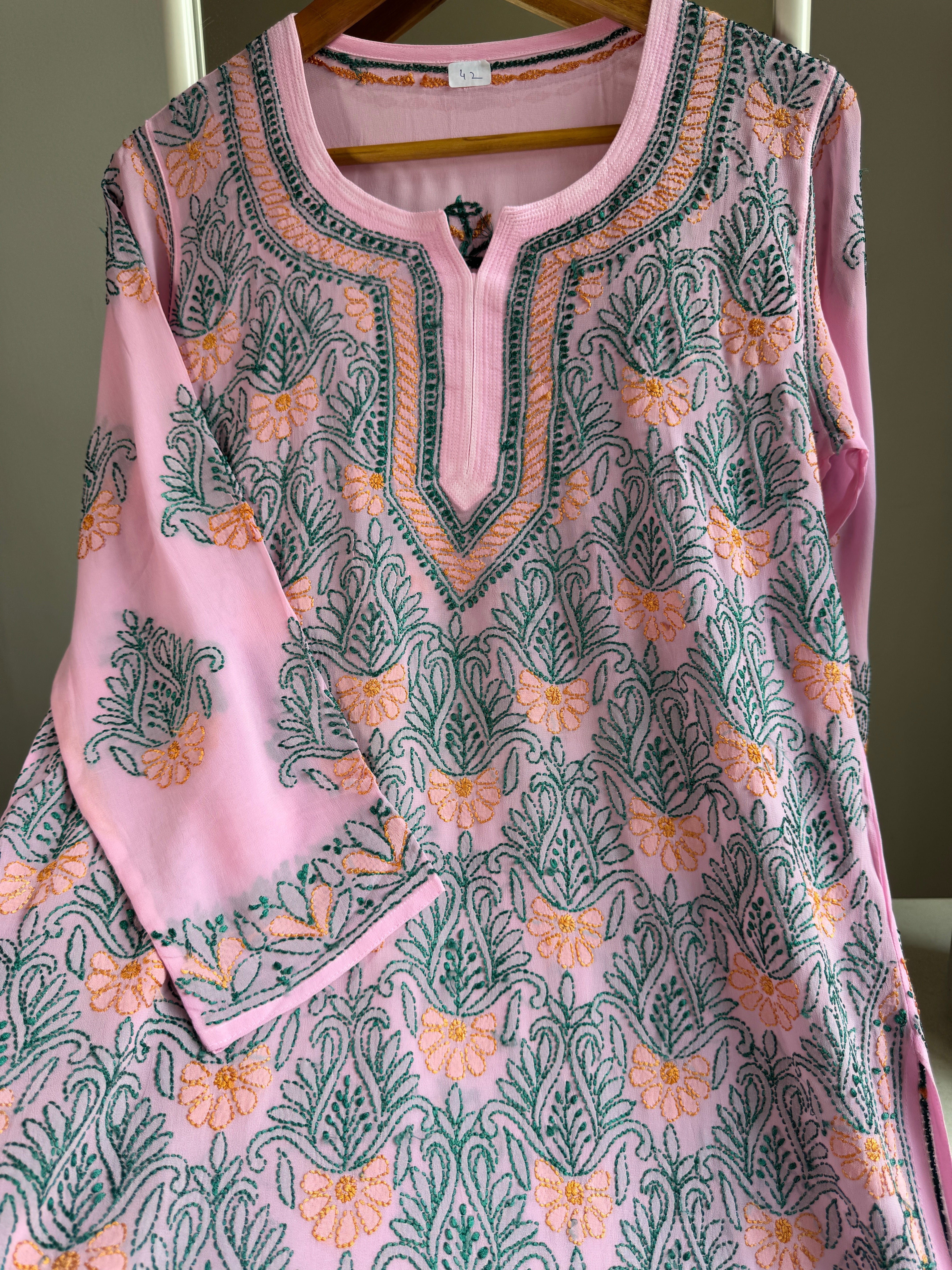 Chikankari Viscose Georgette short Top in Pink Multi Thread ARIAA CHIKANKARI