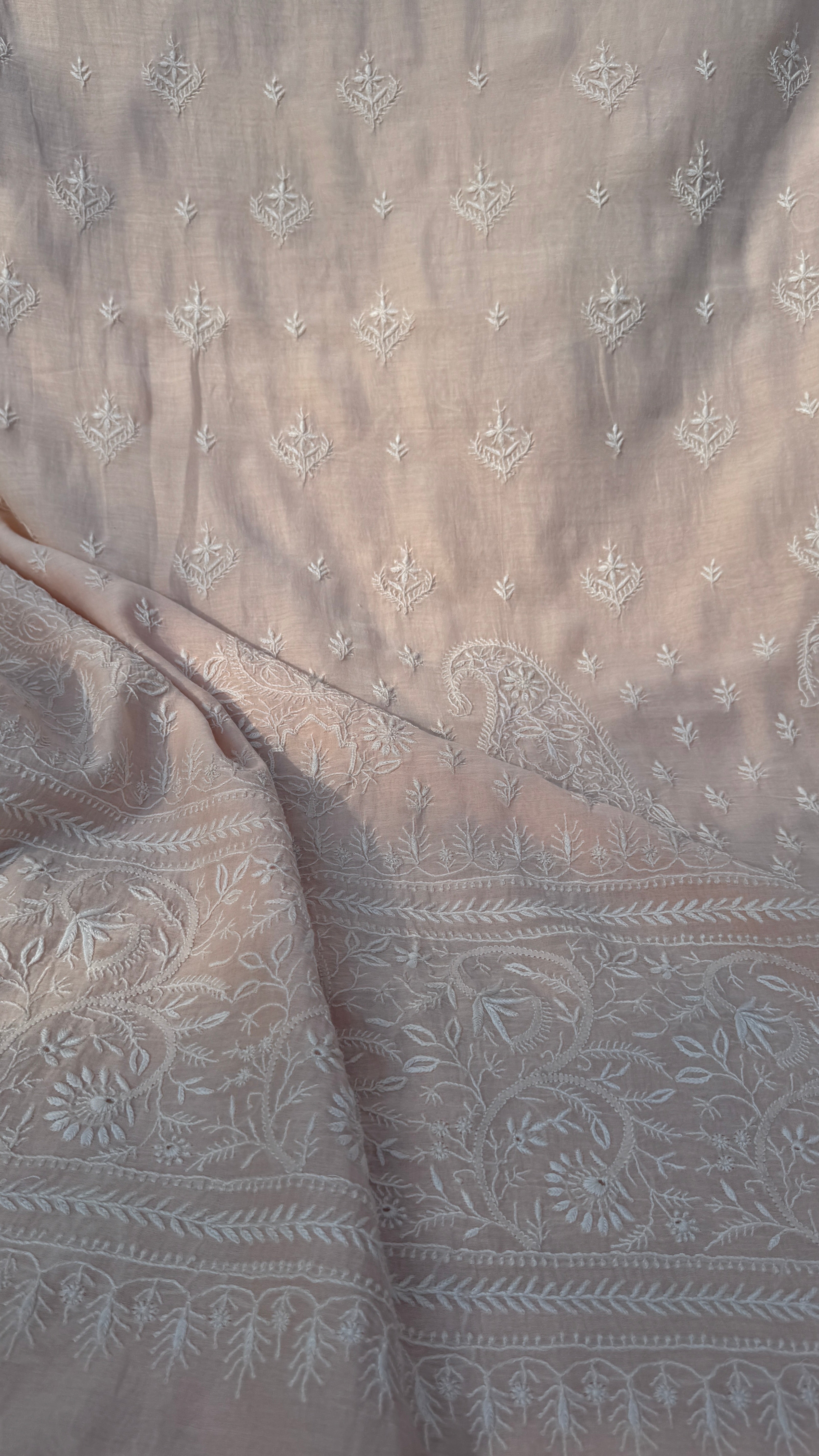 Pure Mul Chanderi Chikankari saree in Pale Pink