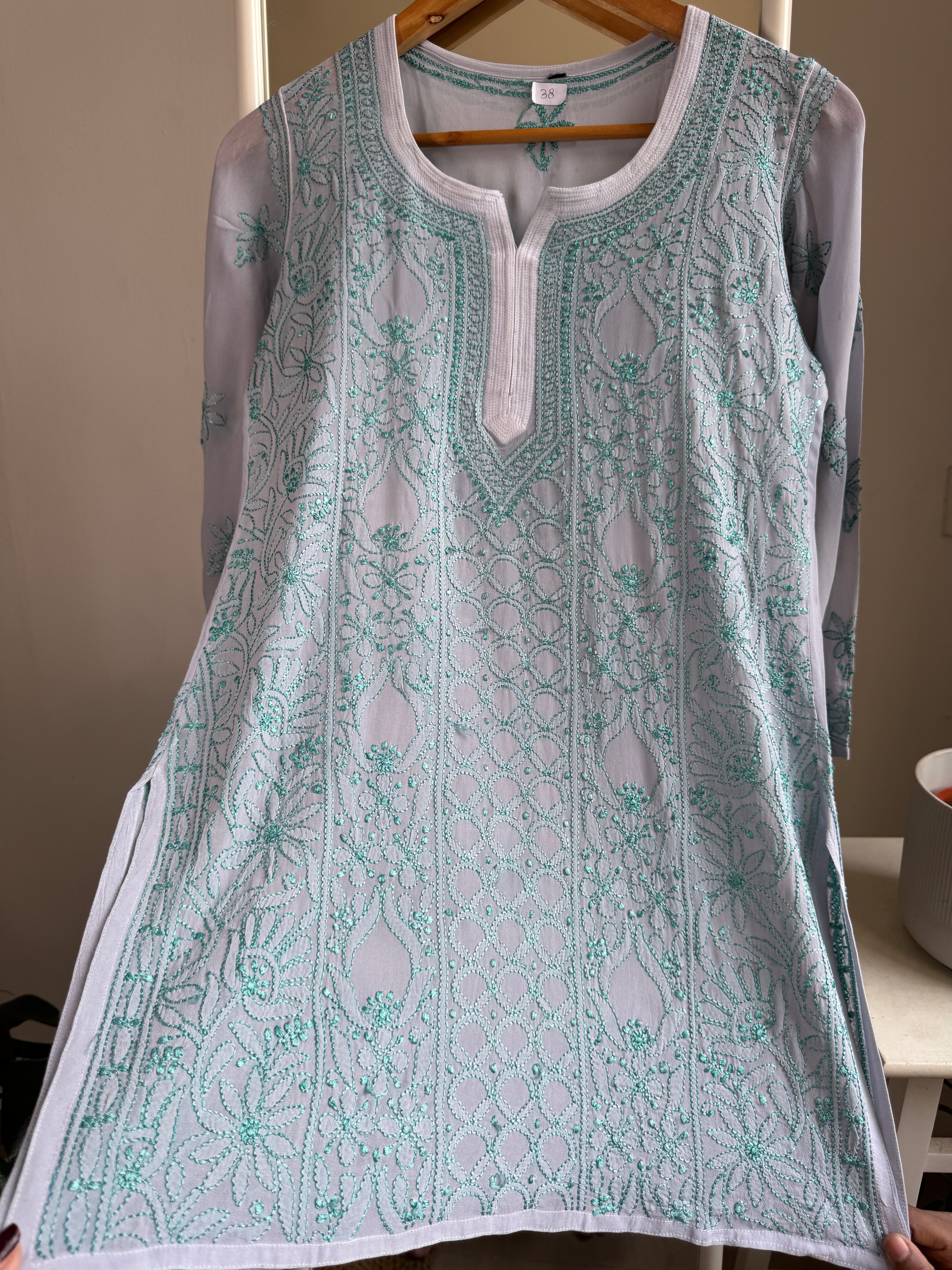 Chikankari Viscose Georgette short Top in Grey Multi Thread ARIAA CHIKANKARI