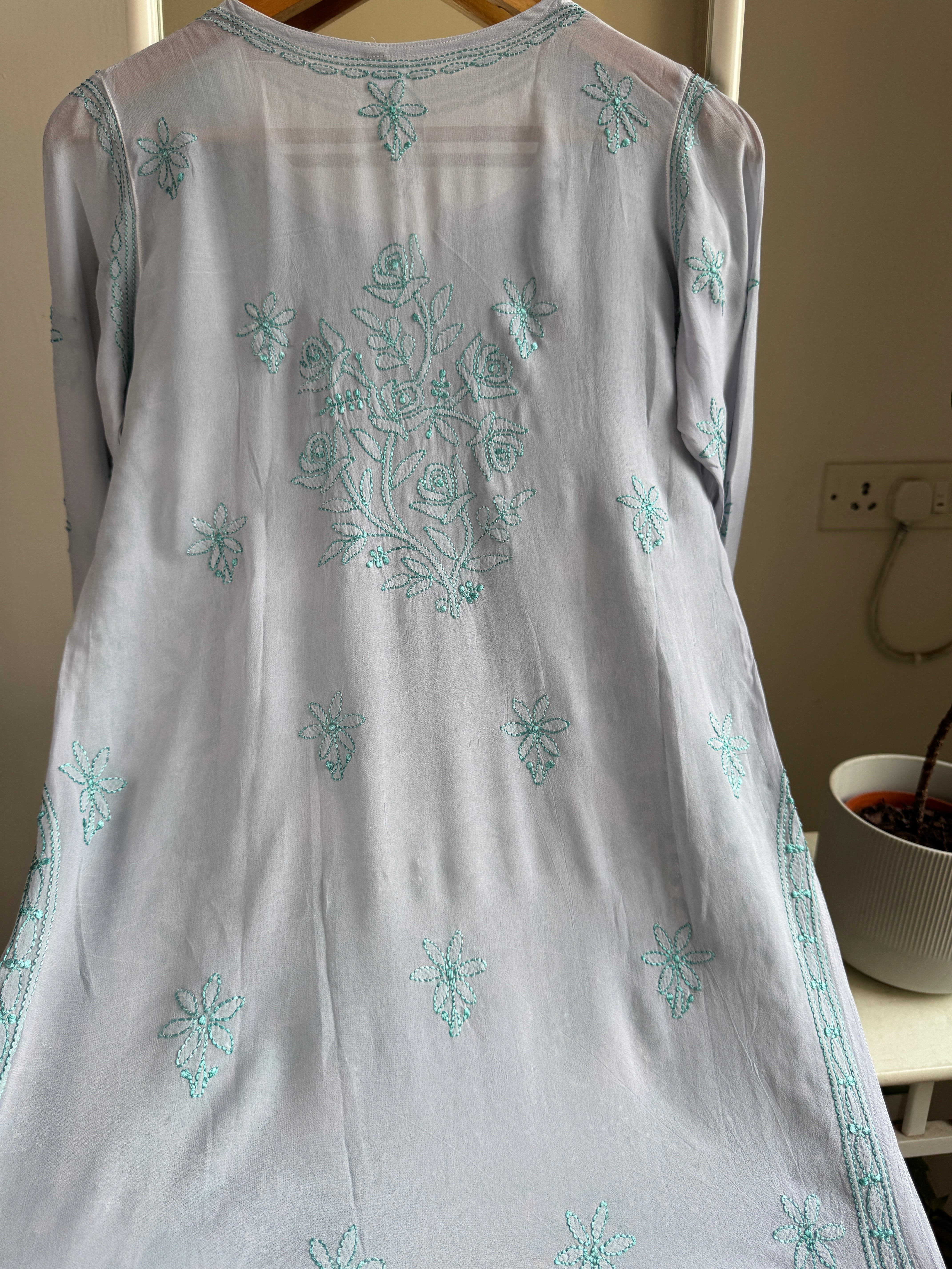 Chikankari Viscose Georgette short Top in Grey Multi Thread ARIAA CHIKANKARI