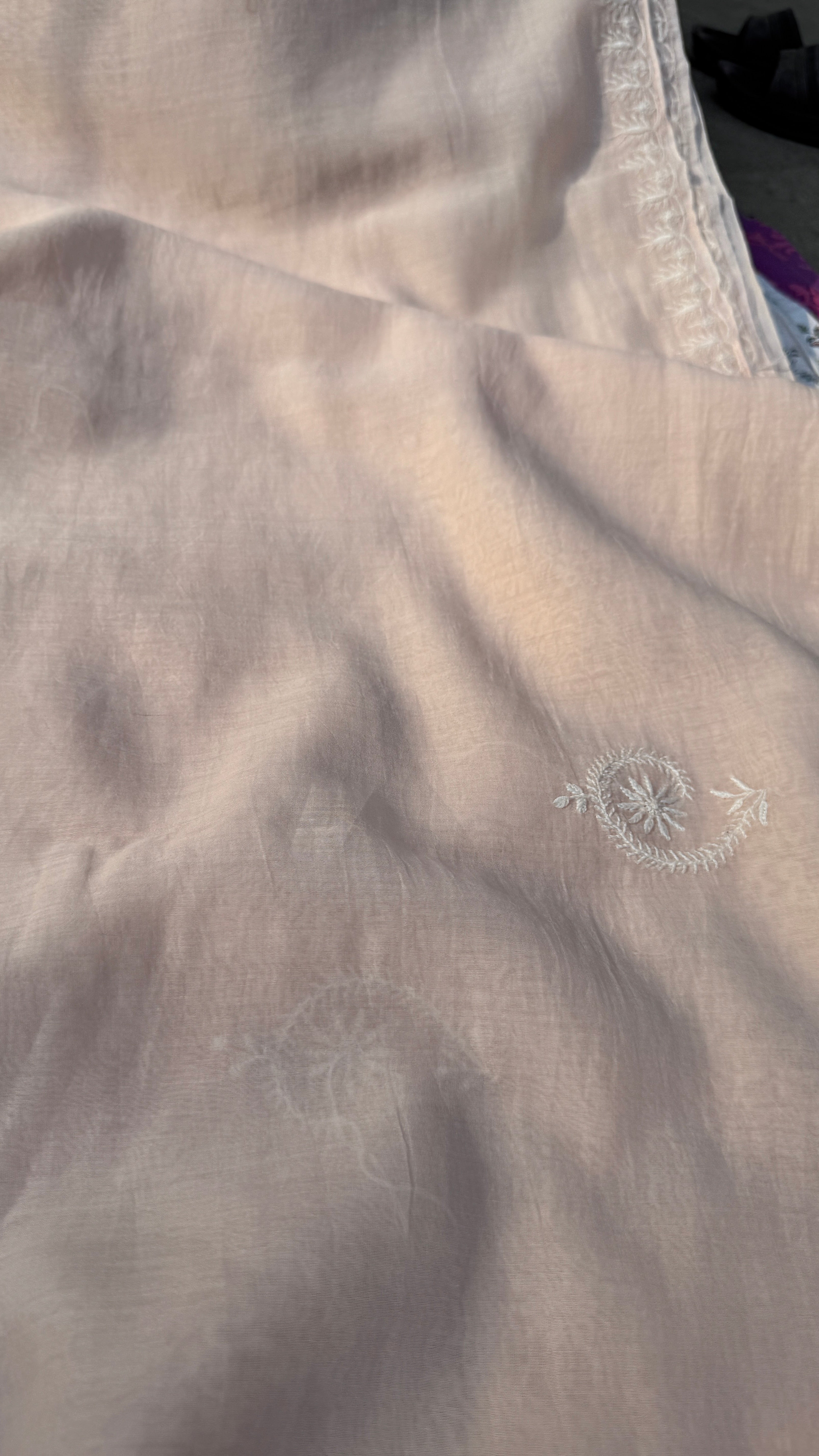 Pure Mul Chanderi Chikankari saree in Pale Pink